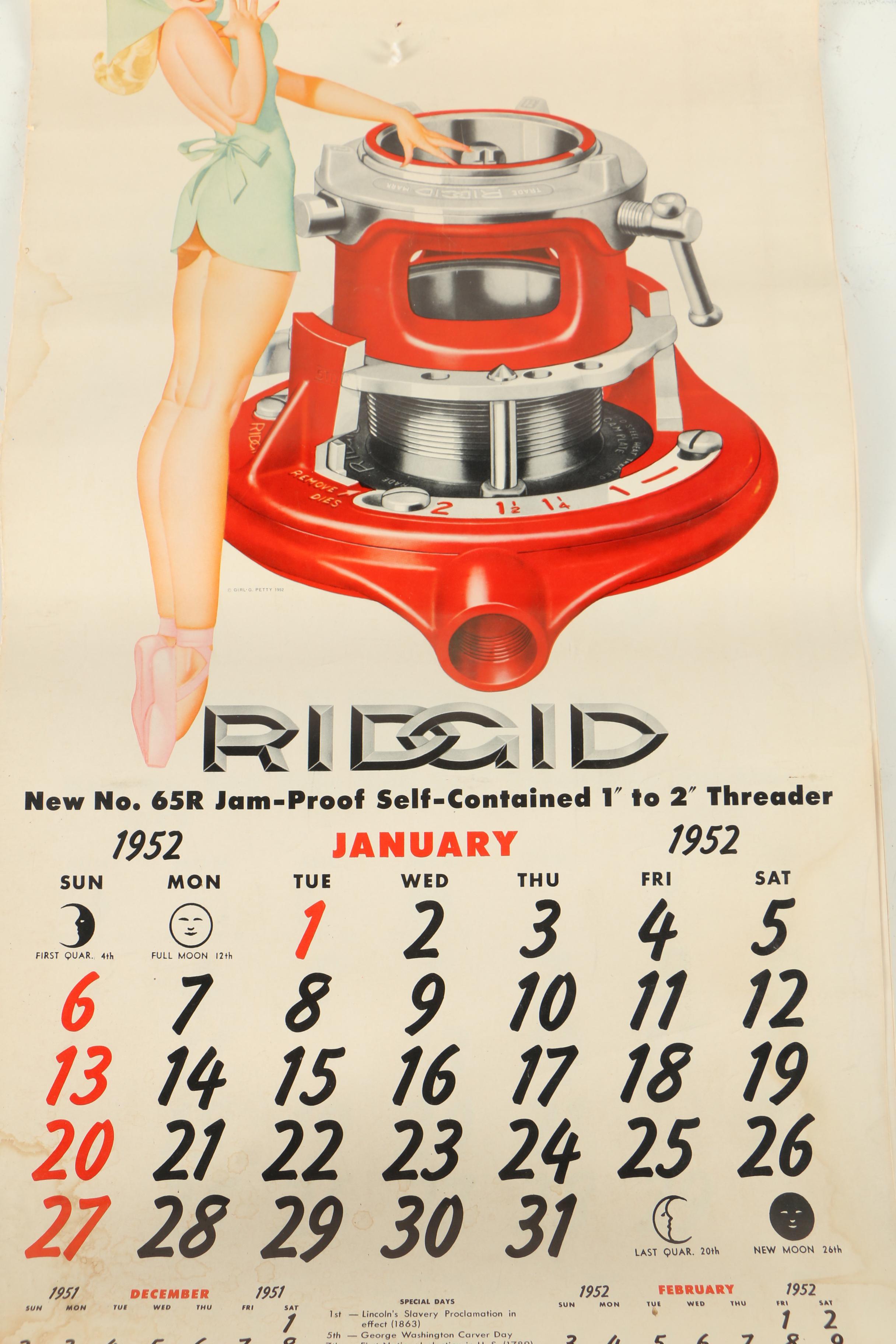 1952 Ridgid Tool Calendar With "Petty Girl" Pin-Up Halftone Prints