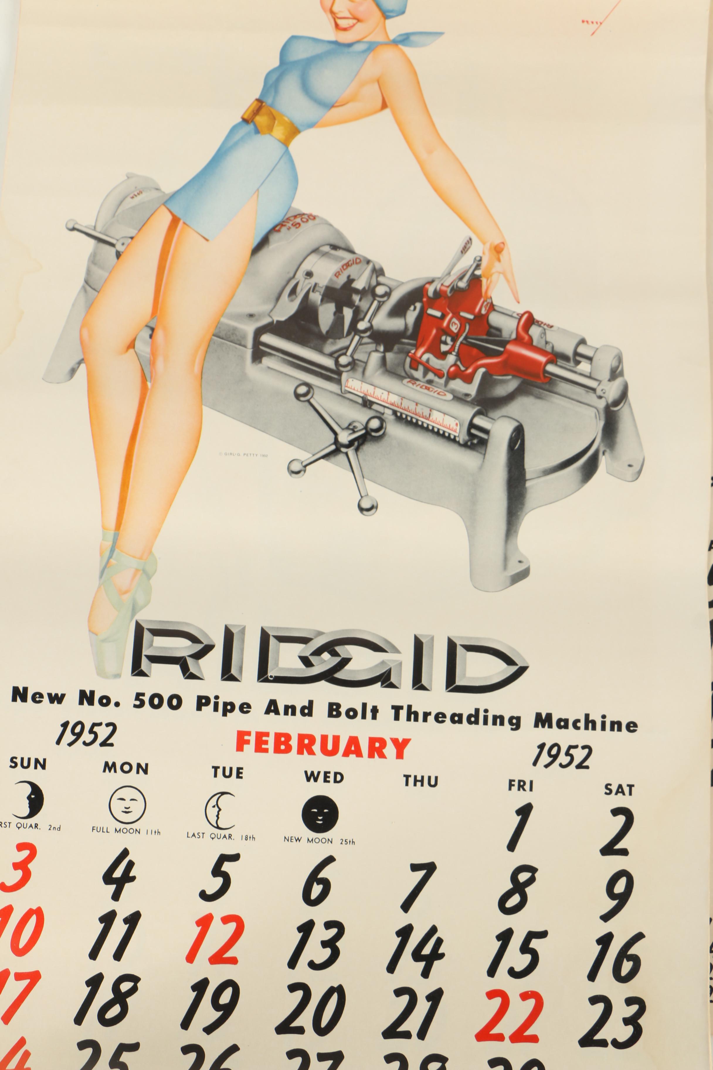1952 Ridgid Tool Calendar With "Petty Girl" Pin-Up Halftone Prints