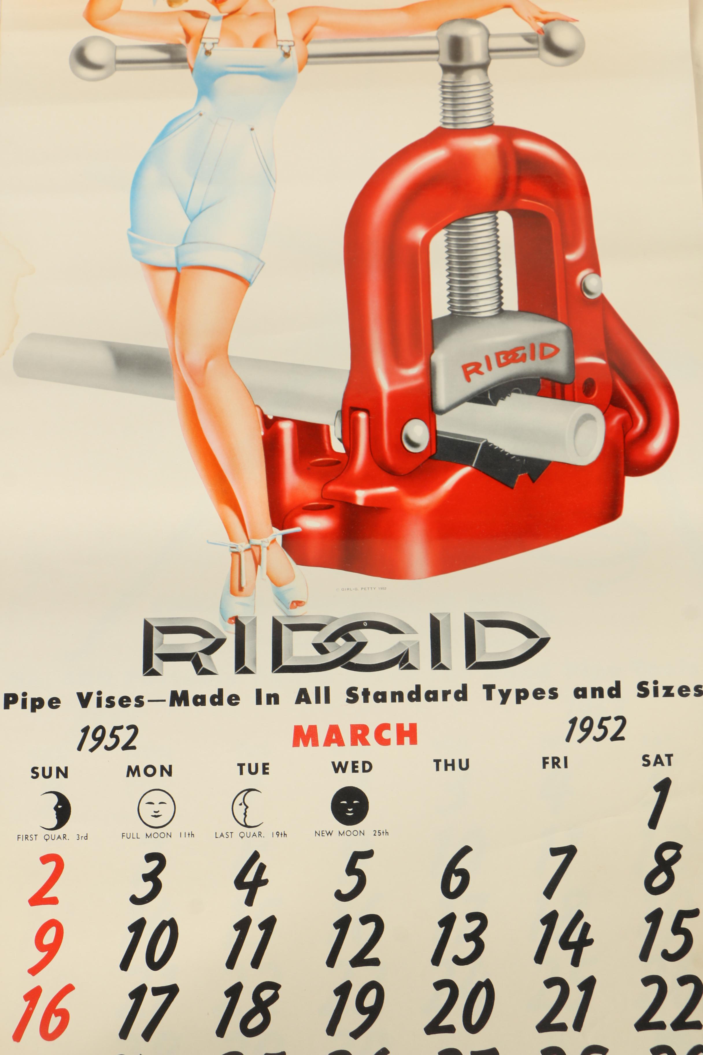 1952 Ridgid Tool Calendar With "Petty Girl" Pin-Up Halftone Prints
