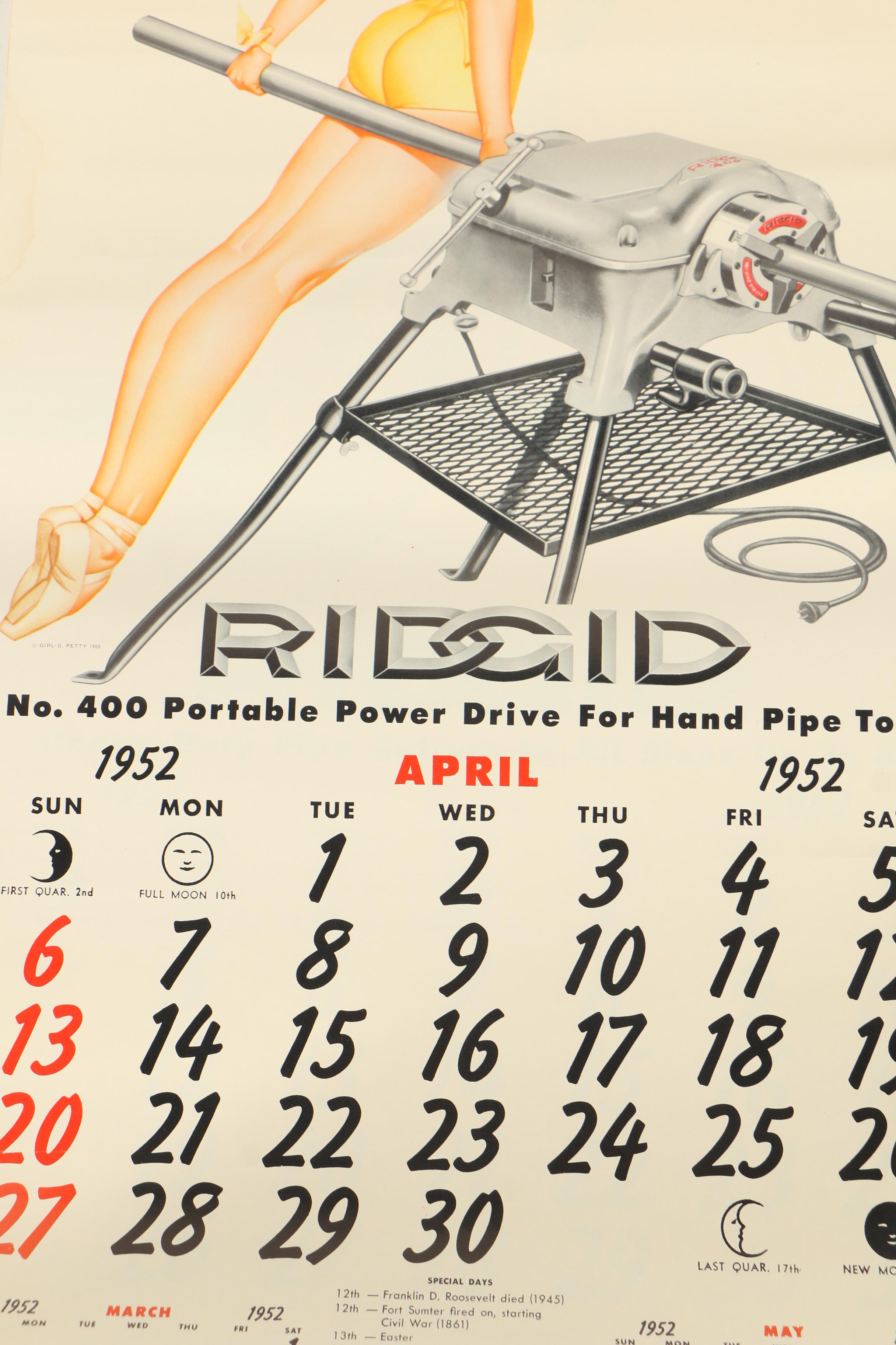 1952 Ridgid Tool Calendar With "Petty Girl" Pin-Up Halftone Prints