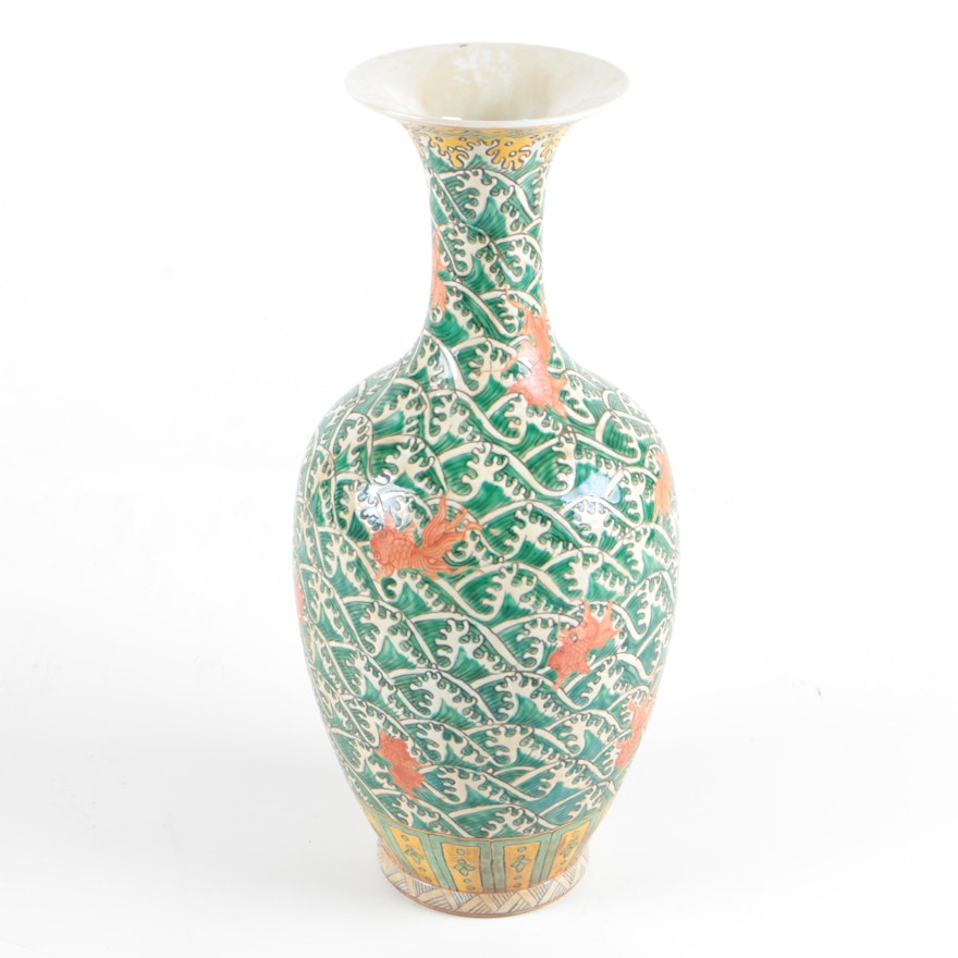 Tall Stoneware Vase in Green and Coral