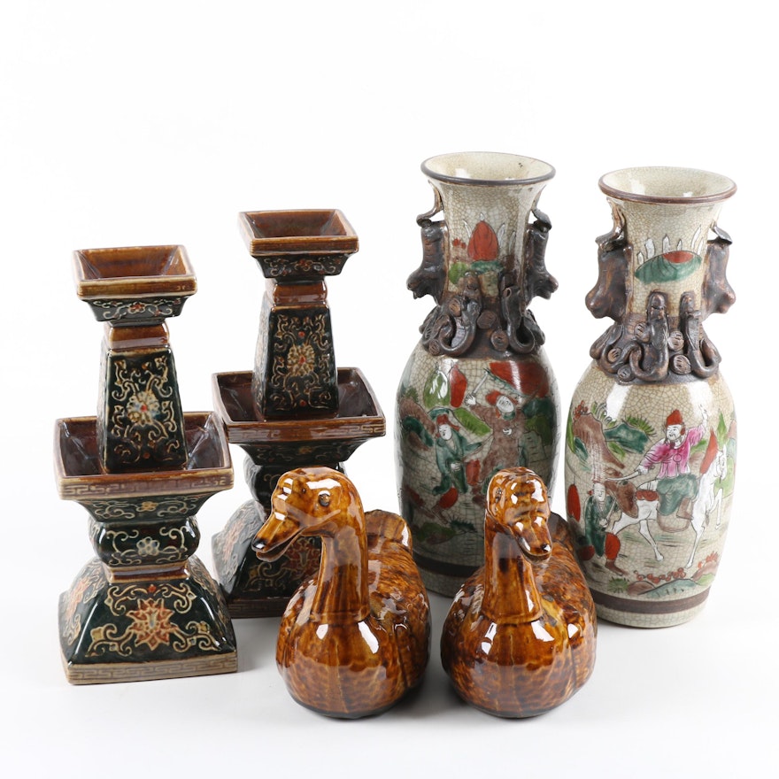Ceramic Chinese Vases, Candlesticks, and Duck Figurines
