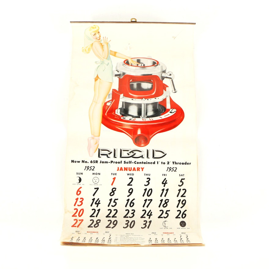 1952 Ridgid Tool Calendar With "Petty Girl" Pin-Up Halftone Prints