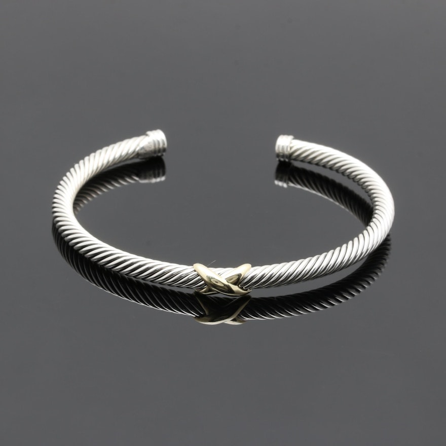 David Yurman Sterling Silver Twisted Cuff Bracelet with 18K Yellow Gold Accents