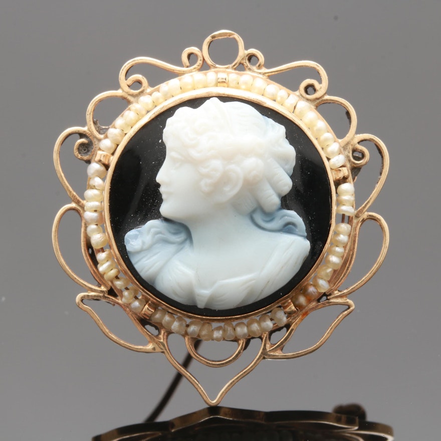 Vintage 14K Yellow Gold Onyx and Seed Pearl Cameo Brooch