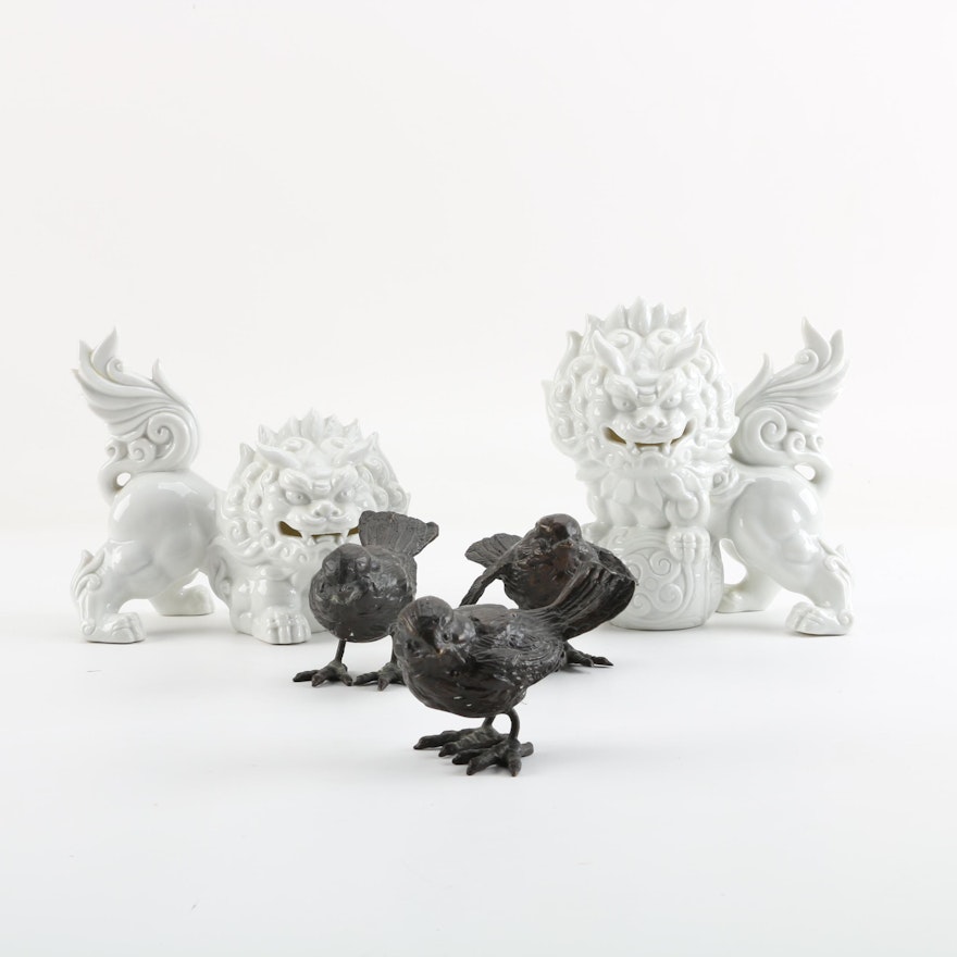 Asahi Japan Ceramic Guardian Lion Figurines with Metal Bird Figurines