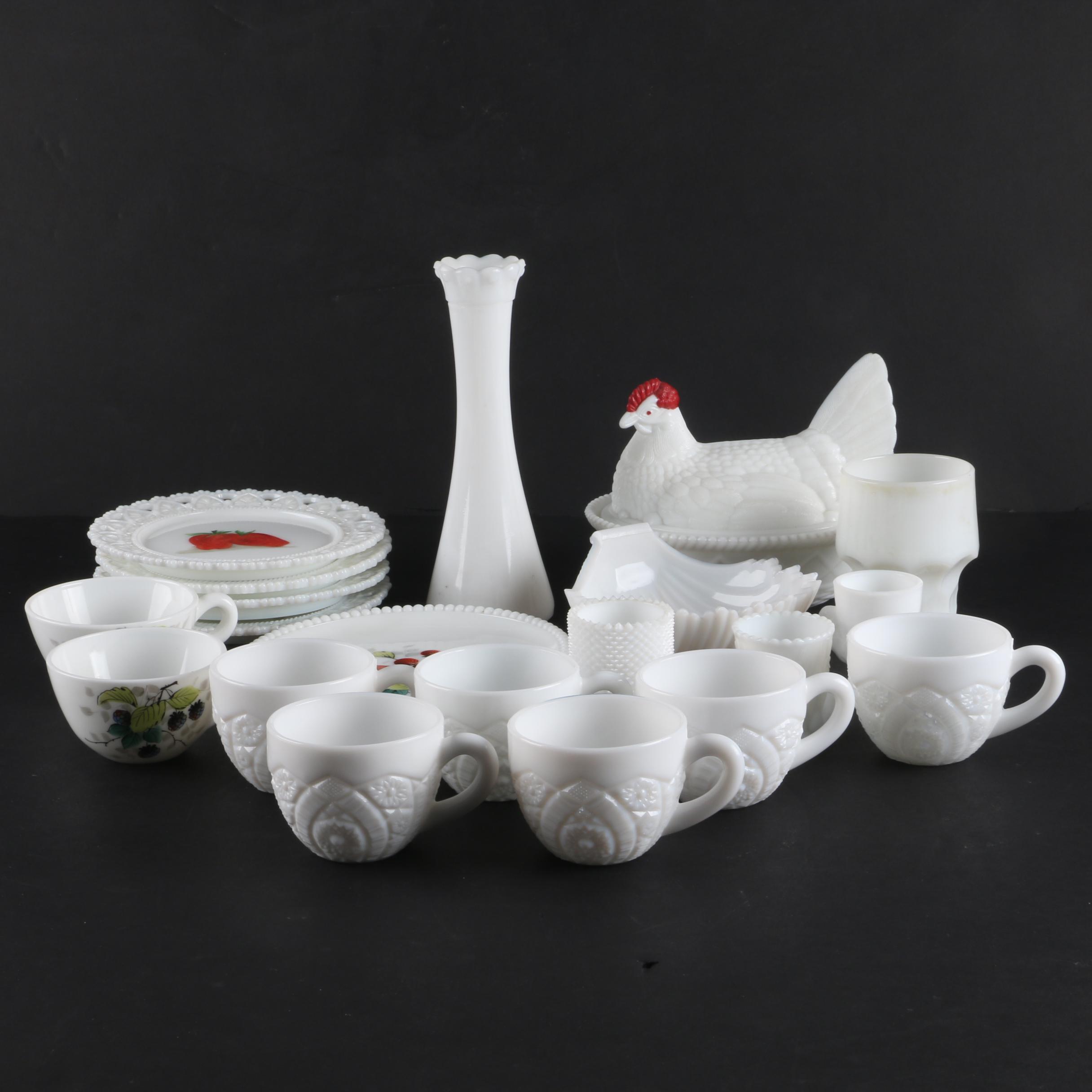 Vintage Milk Glass Tableware Including a Westmoreland Swan Toothpick