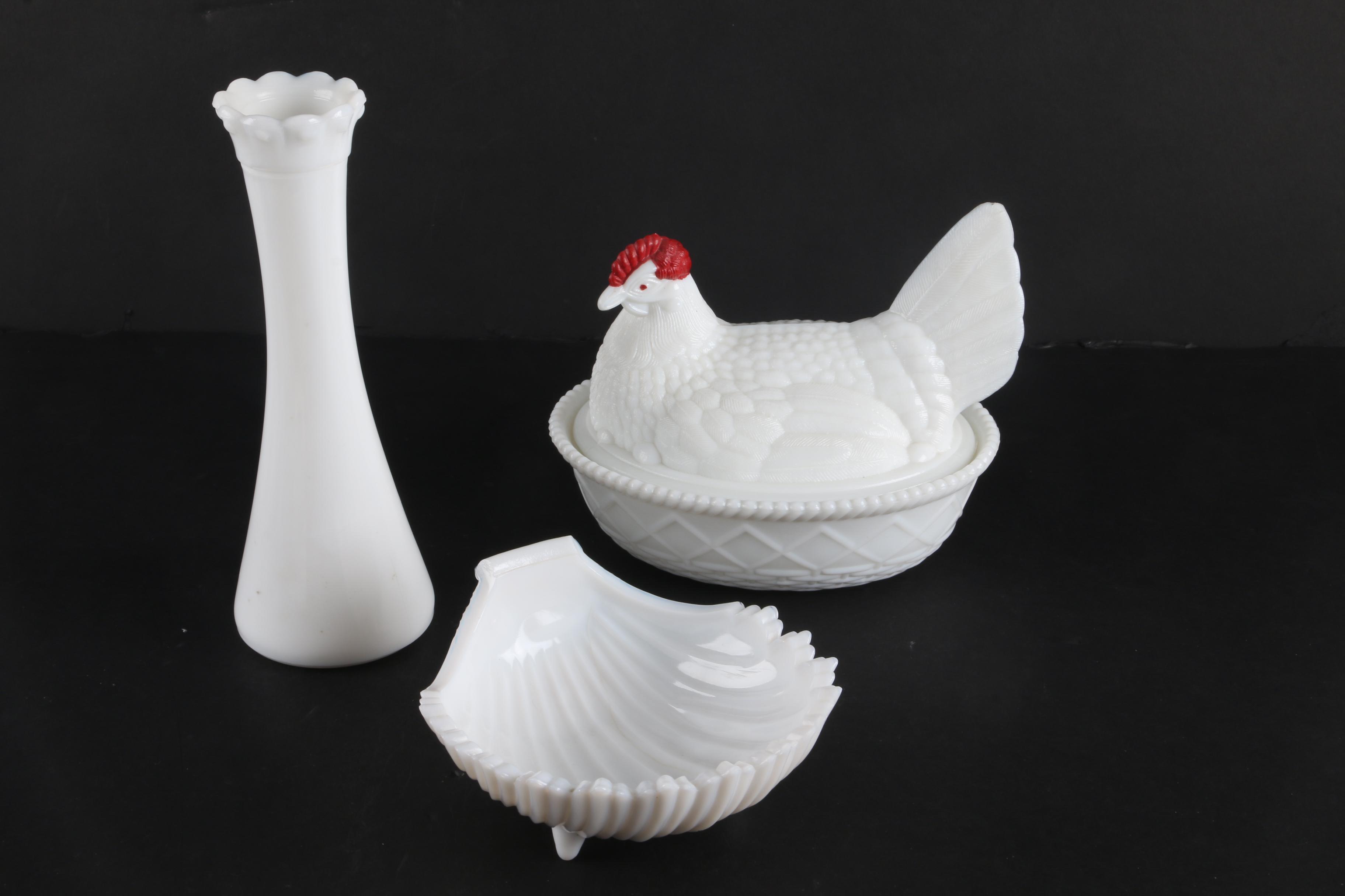 Vintage Milk Glass Tableware Including a Westmoreland Swan Toothpick