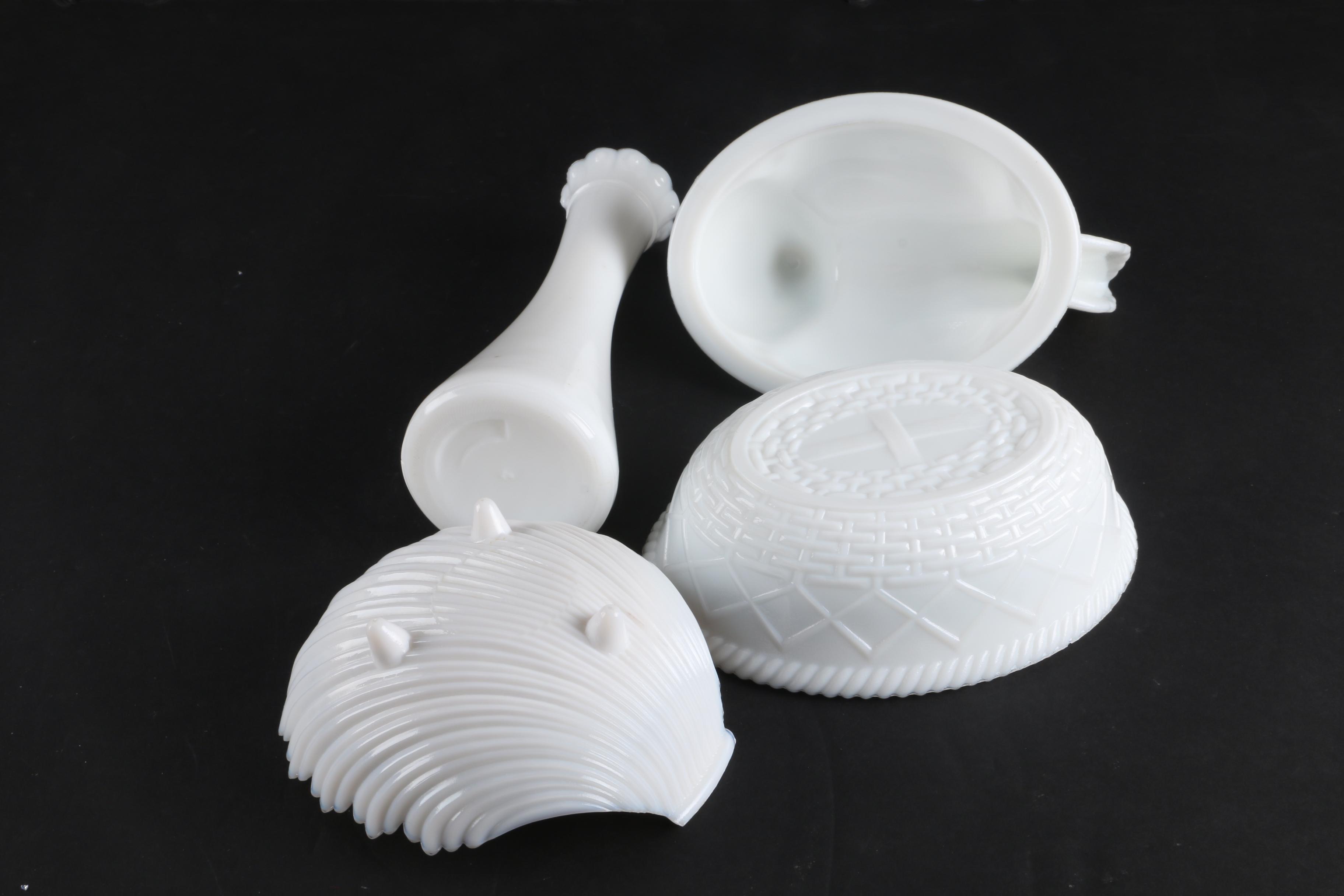 Vintage Milk Glass Tableware Including a Westmoreland Swan Toothpick