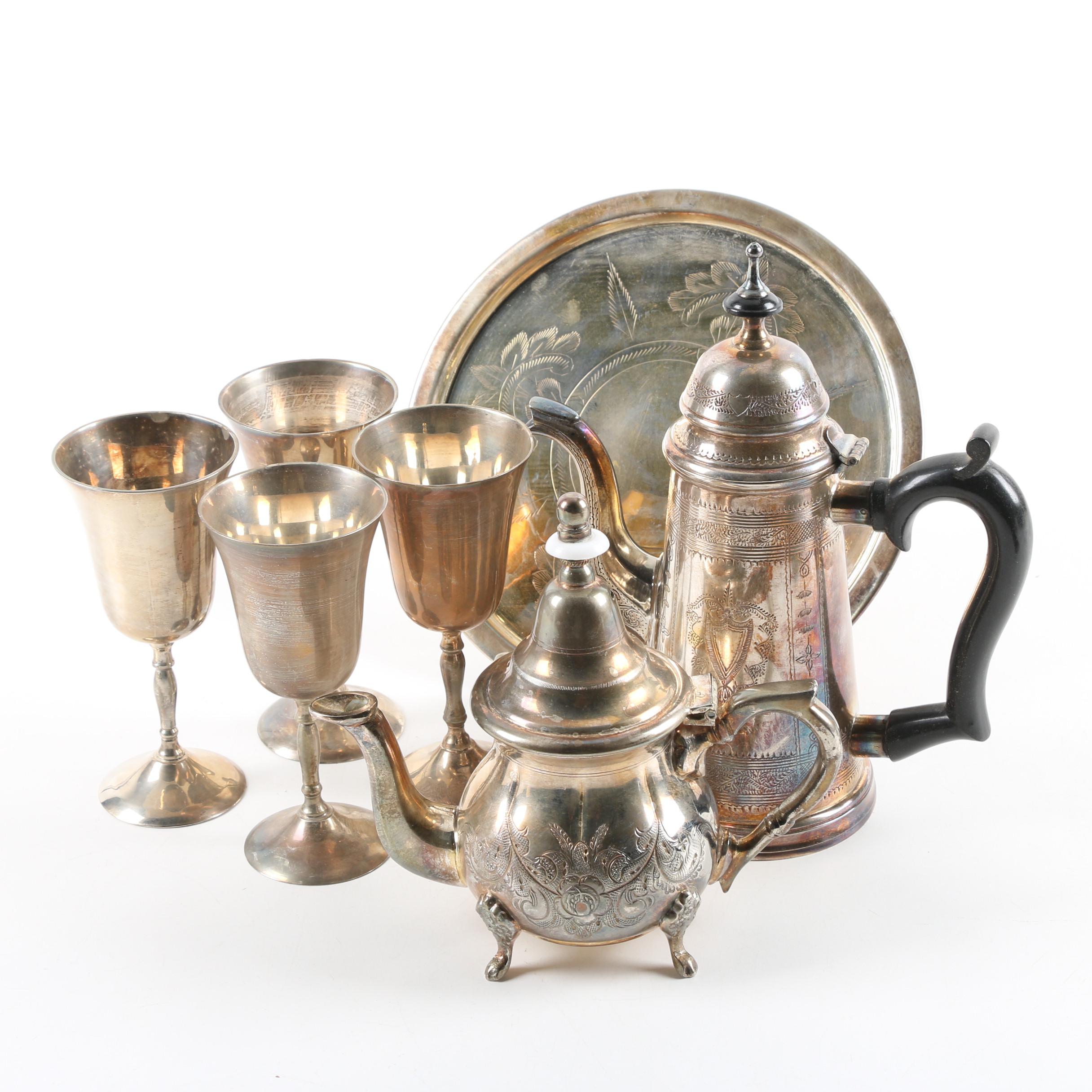 Vintage Silver Plate Teapot, Coffee Pot, Stemware, and Serving Tray