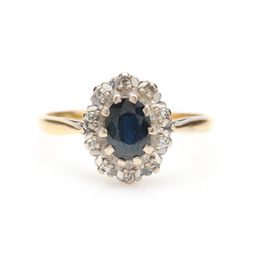 Circa 1976 18K Yellow Gold Sapphire and Diamond Ring