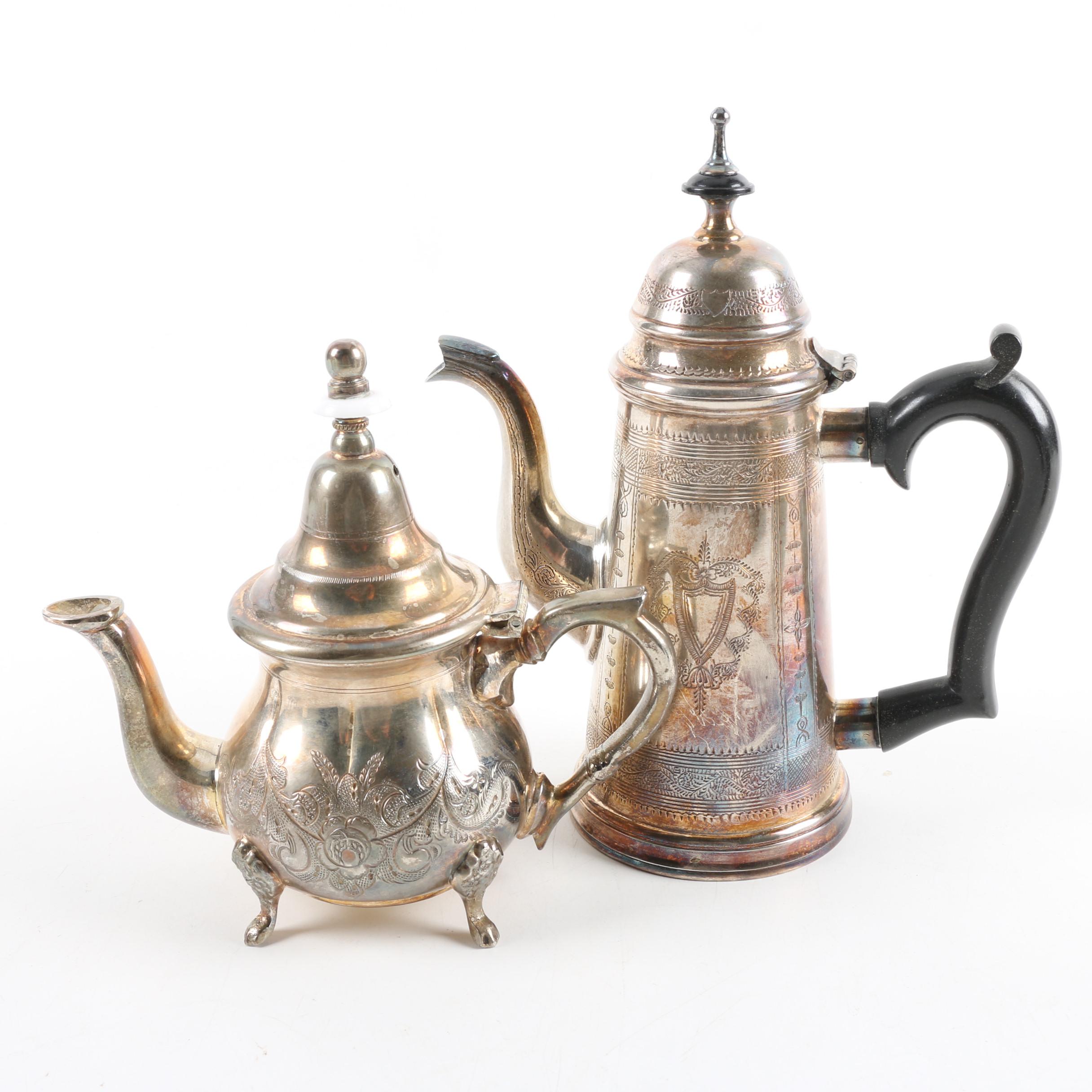 Vintage Silver Plate Teapot, Coffee Pot, Stemware, and Serving Tray