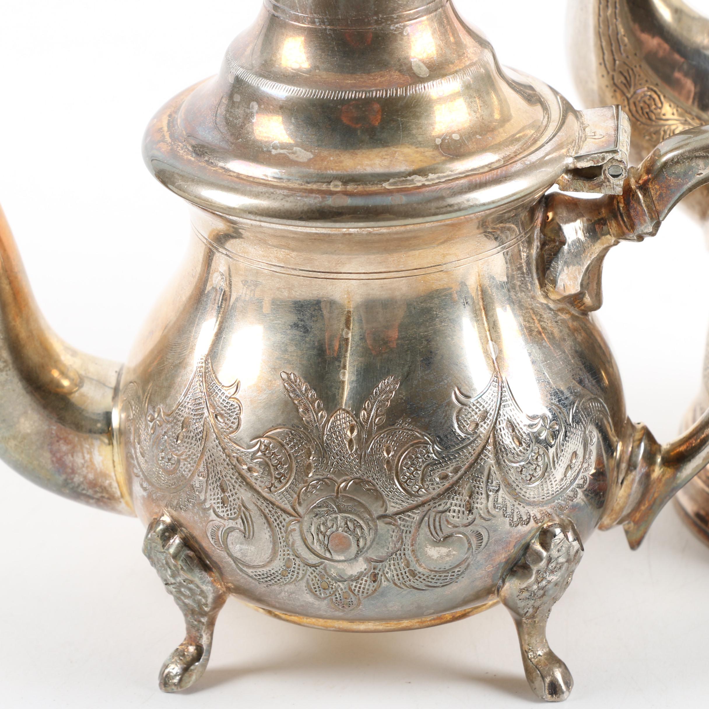 Vintage Silver Plate Teapot, Coffee Pot, Stemware, and Serving Tray