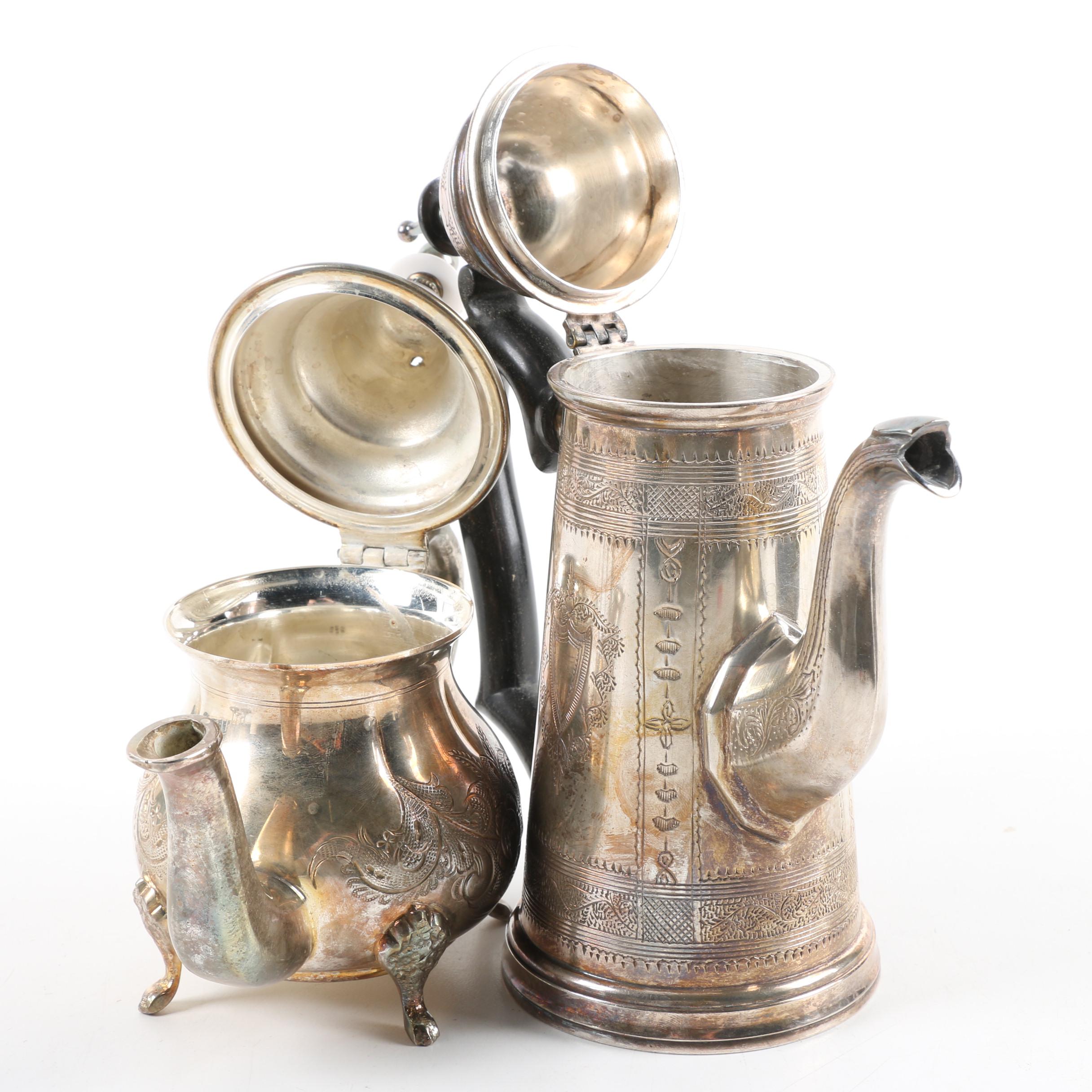 Vintage Silver Plate Teapot, Coffee Pot, Stemware, and Serving Tray