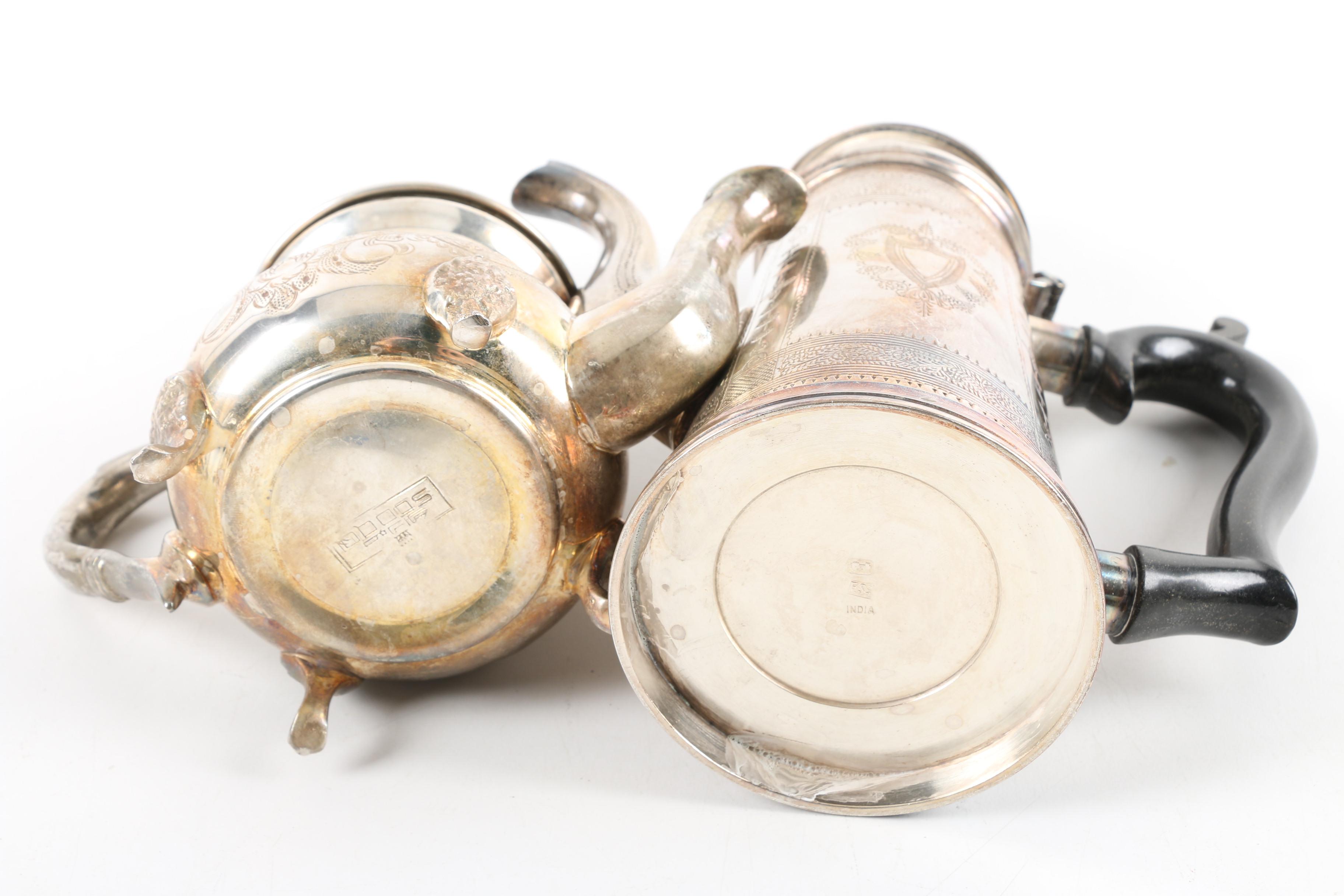 Vintage Silver Plate Teapot, Coffee Pot, Stemware, and Serving Tray