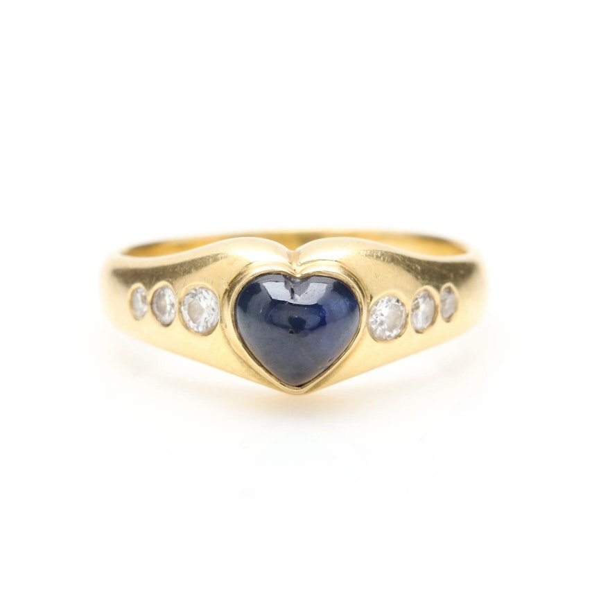 18K Yellow Gold Sapphire and Diamond Heart Ring