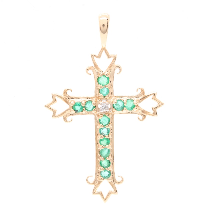 14K Yellow Gold Emerald and Diamond Crux Gemmata Cross Pendant
