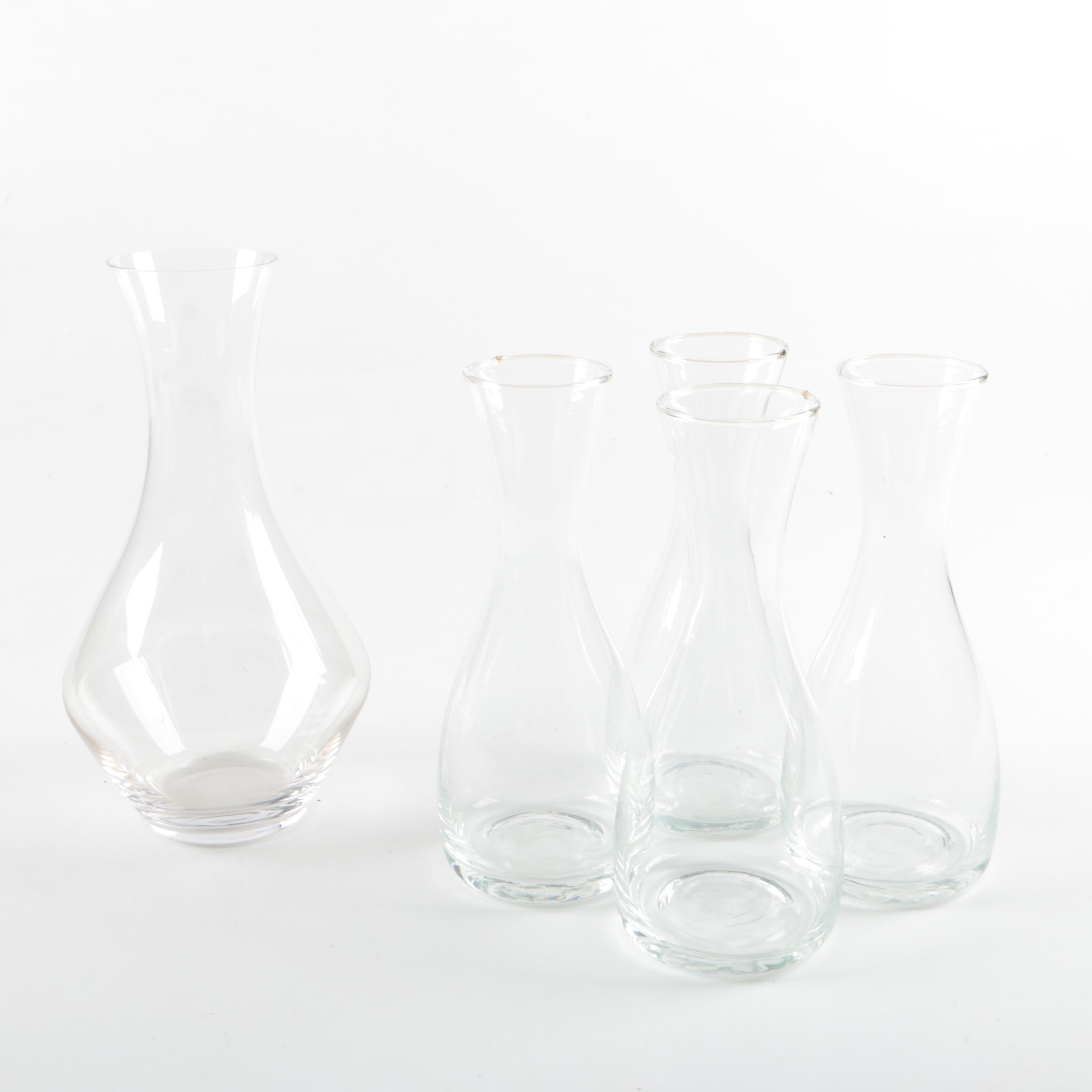 Riedel Decanter and Four Clear Glass Wine Carafes