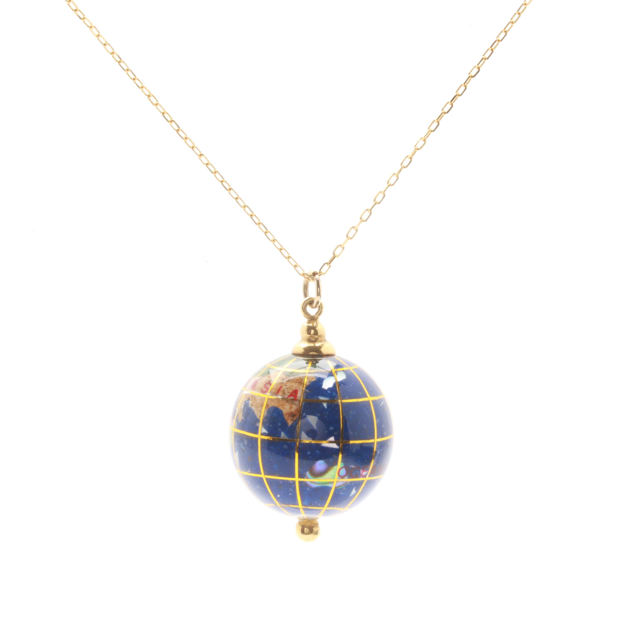 18K Yellow Gold Gemstone Globe Necklace Including Abalone