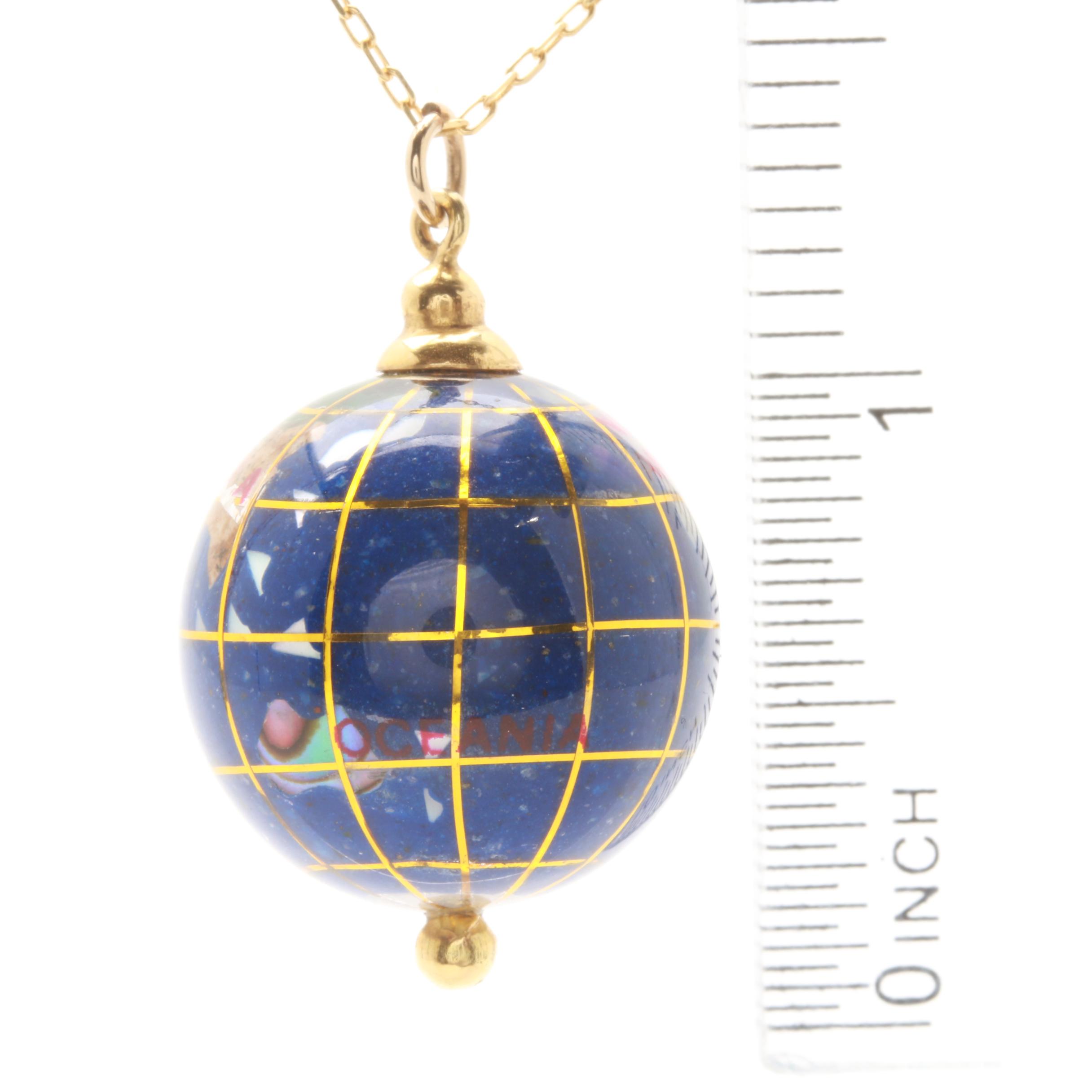 18K Yellow Gold Gemstone Globe Necklace Including Abalone