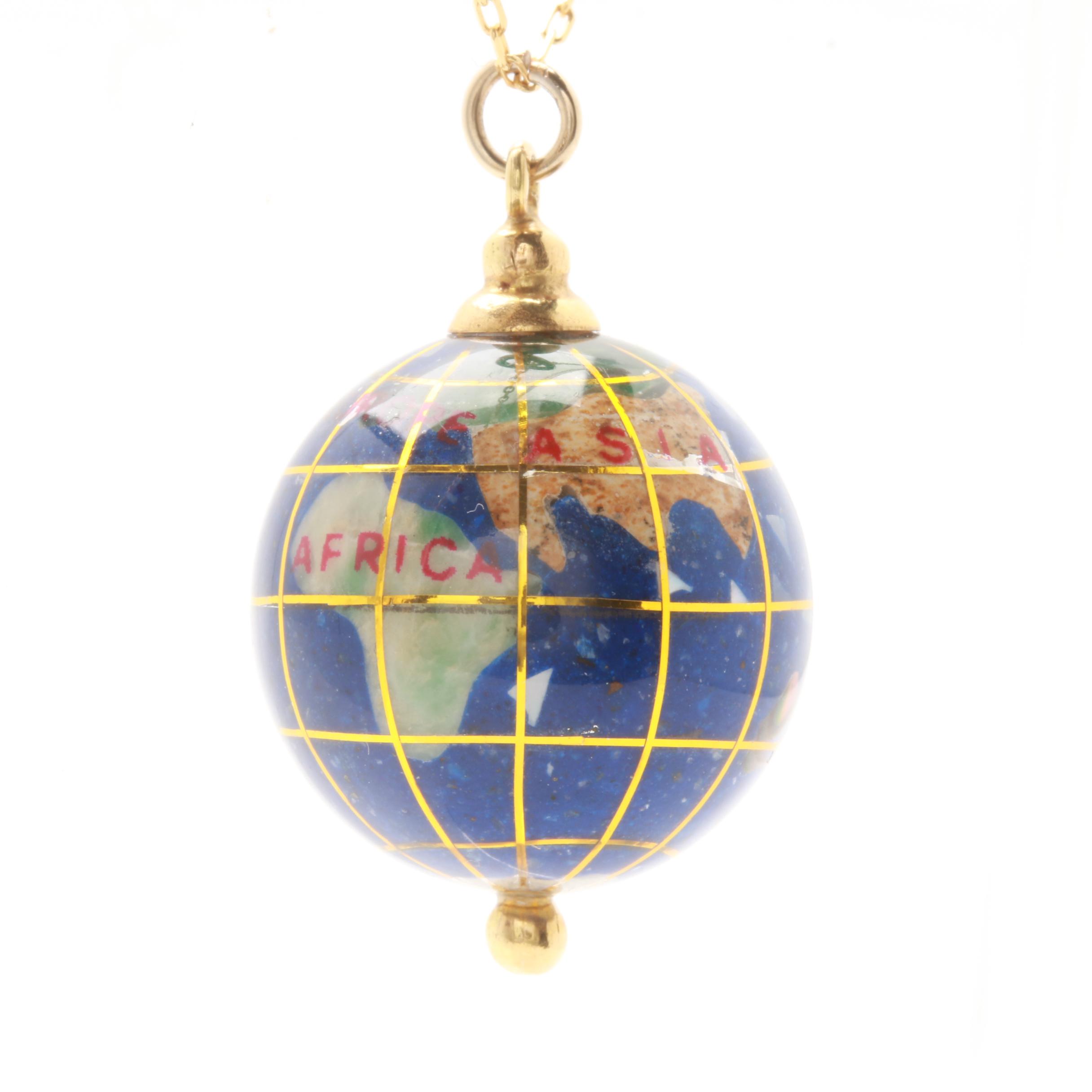 18K Yellow Gold Gemstone Globe Necklace Including Abalone