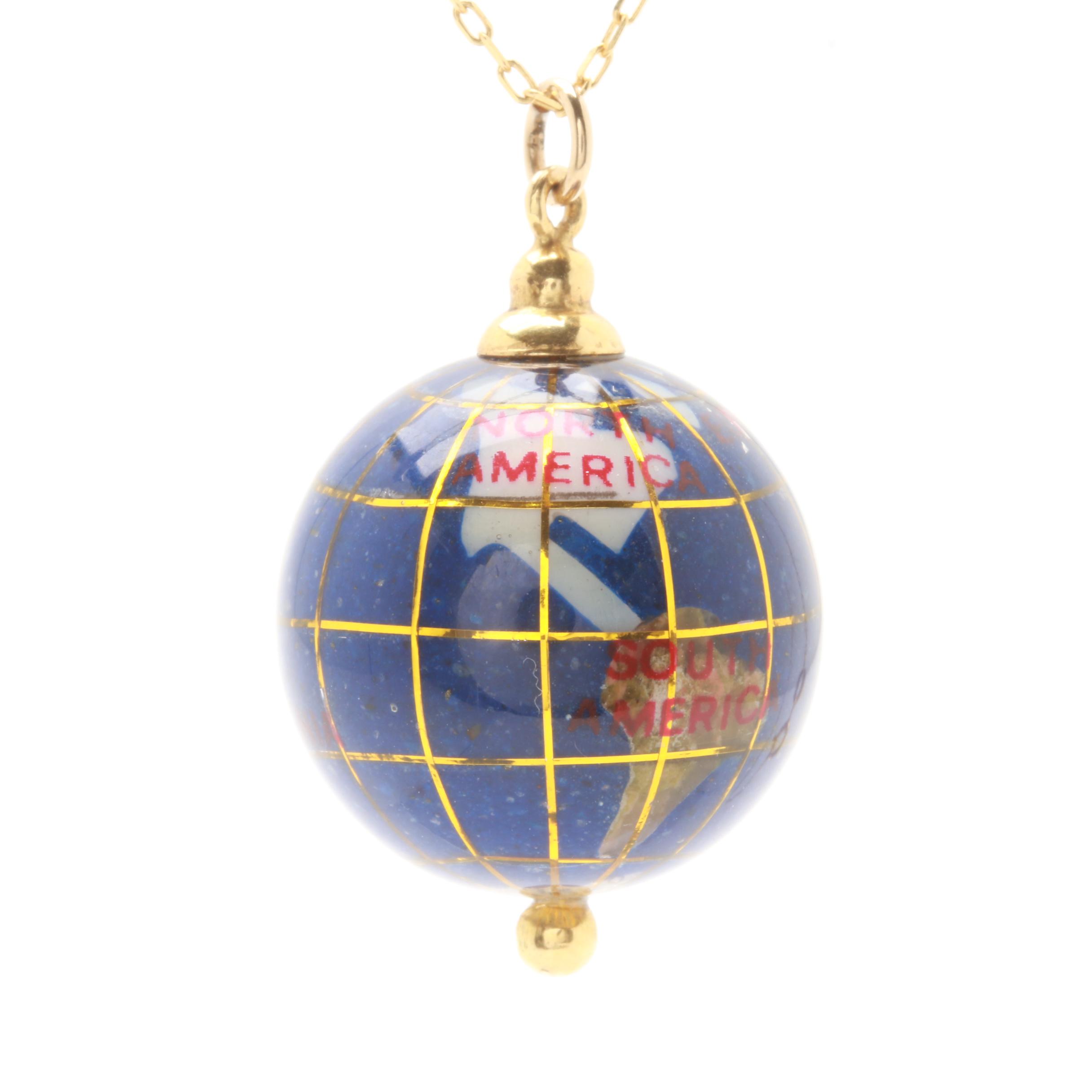18K Yellow Gold Gemstone Globe Necklace Including Abalone