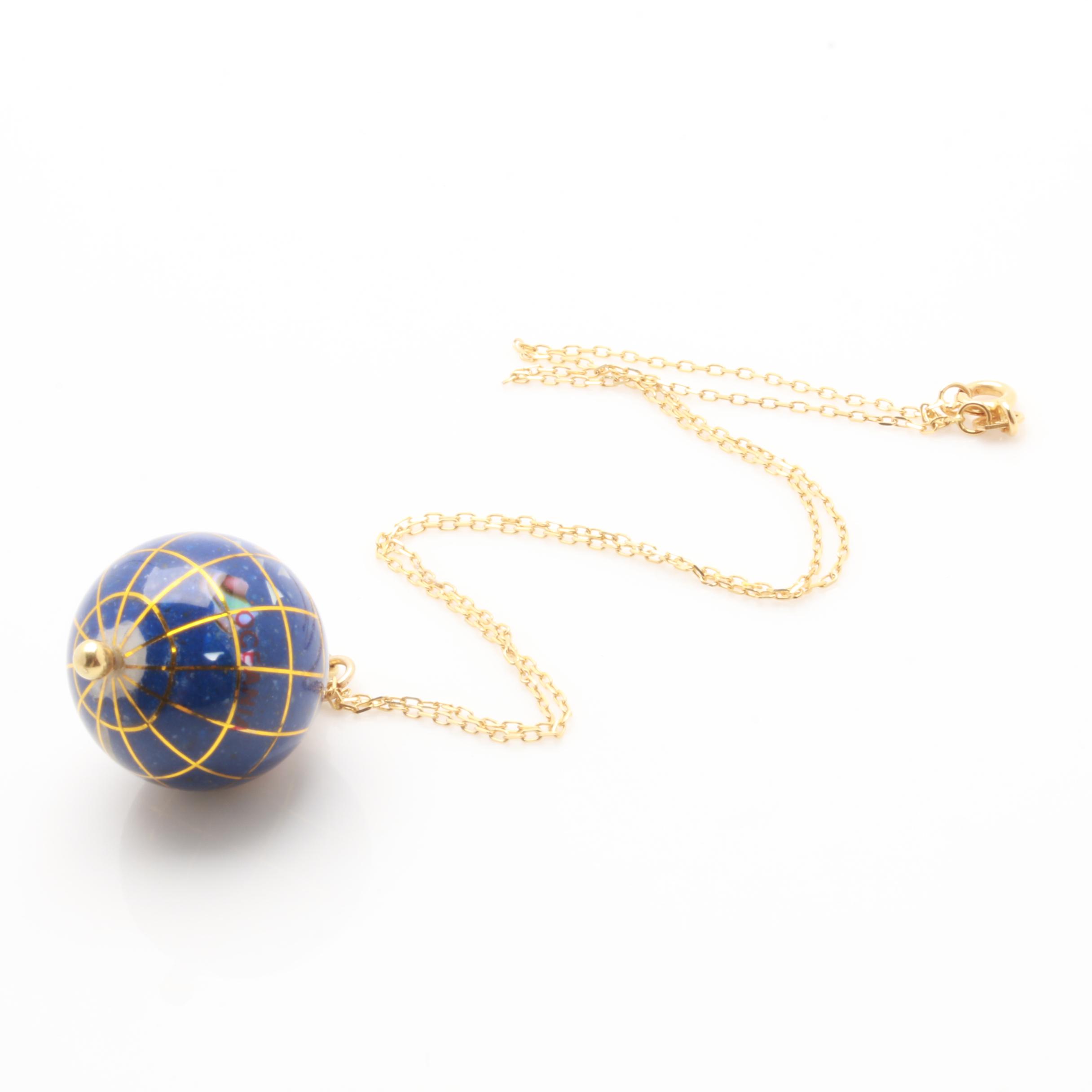 18K Yellow Gold Gemstone Globe Necklace Including Abalone