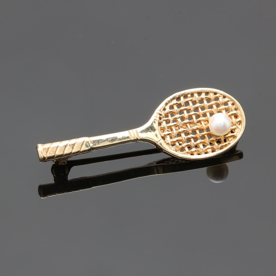 14K Yellow Gold Cultured Pearl Tennis Racket Brooch