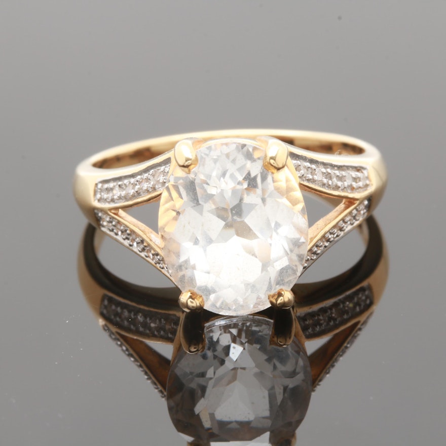14K Yellow Gold White Topaz and Diamond Ring
