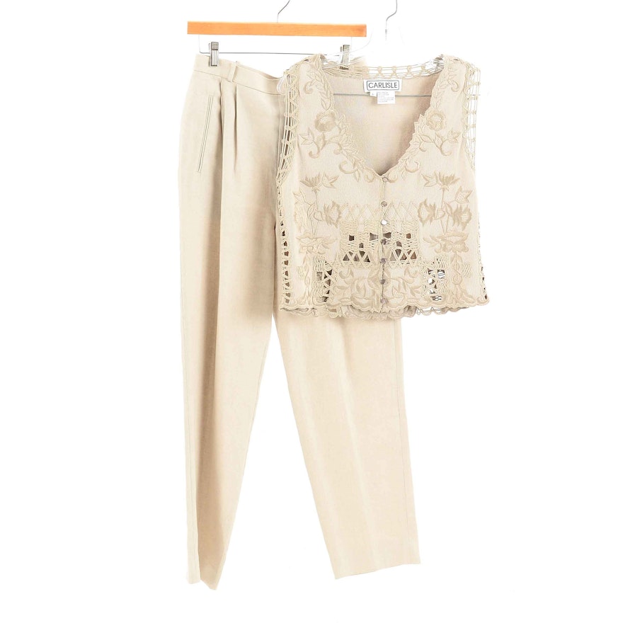 Women's Carlisle Coordinating Embroidered Openwork Taupe Vest and Pants