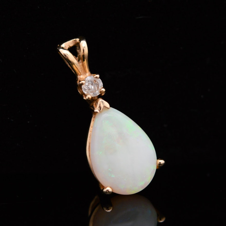 14K Yellow Gold Pendant with Opal and Diamond