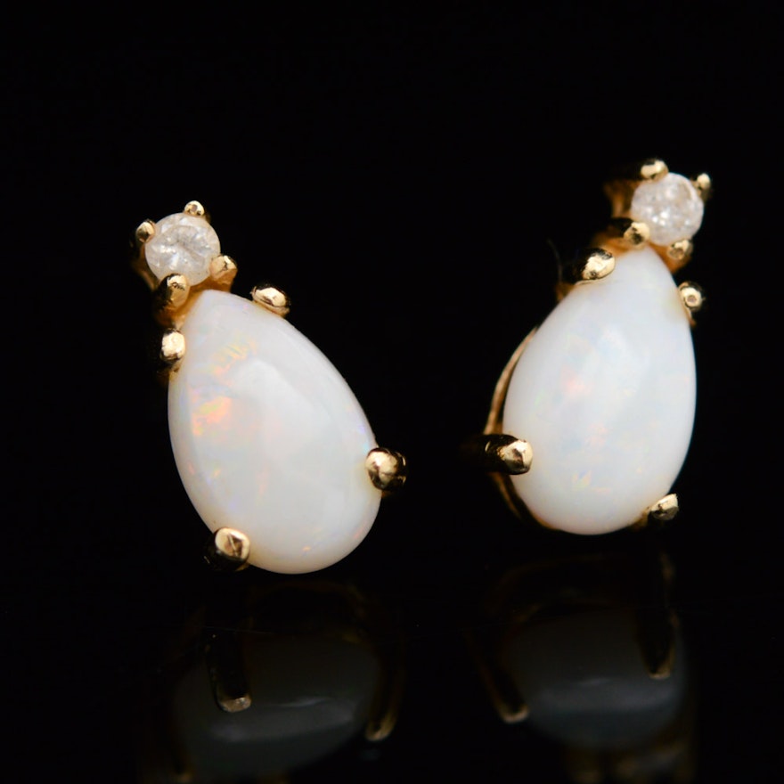 14K Yellow Gold Earrings with Diamonds and Opals