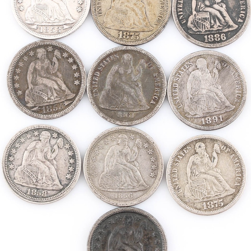 Group of Ten Seated Liberty Silver Dimes