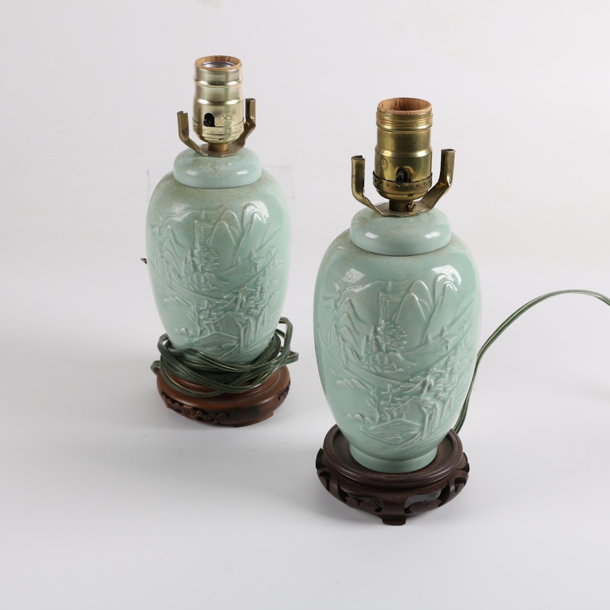 Vintage Chinese Celadon Ceramic Accent Lamps