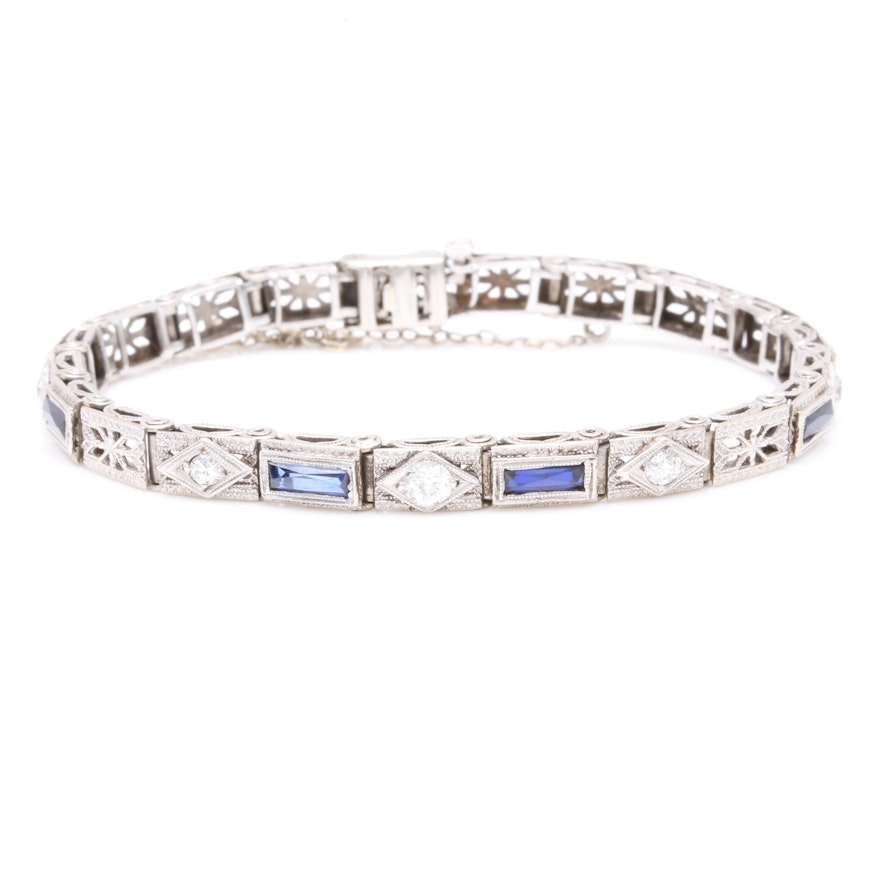 Vintage Platinum and 14K White Gold Synthetic Sapphire and Diamond Bracelet