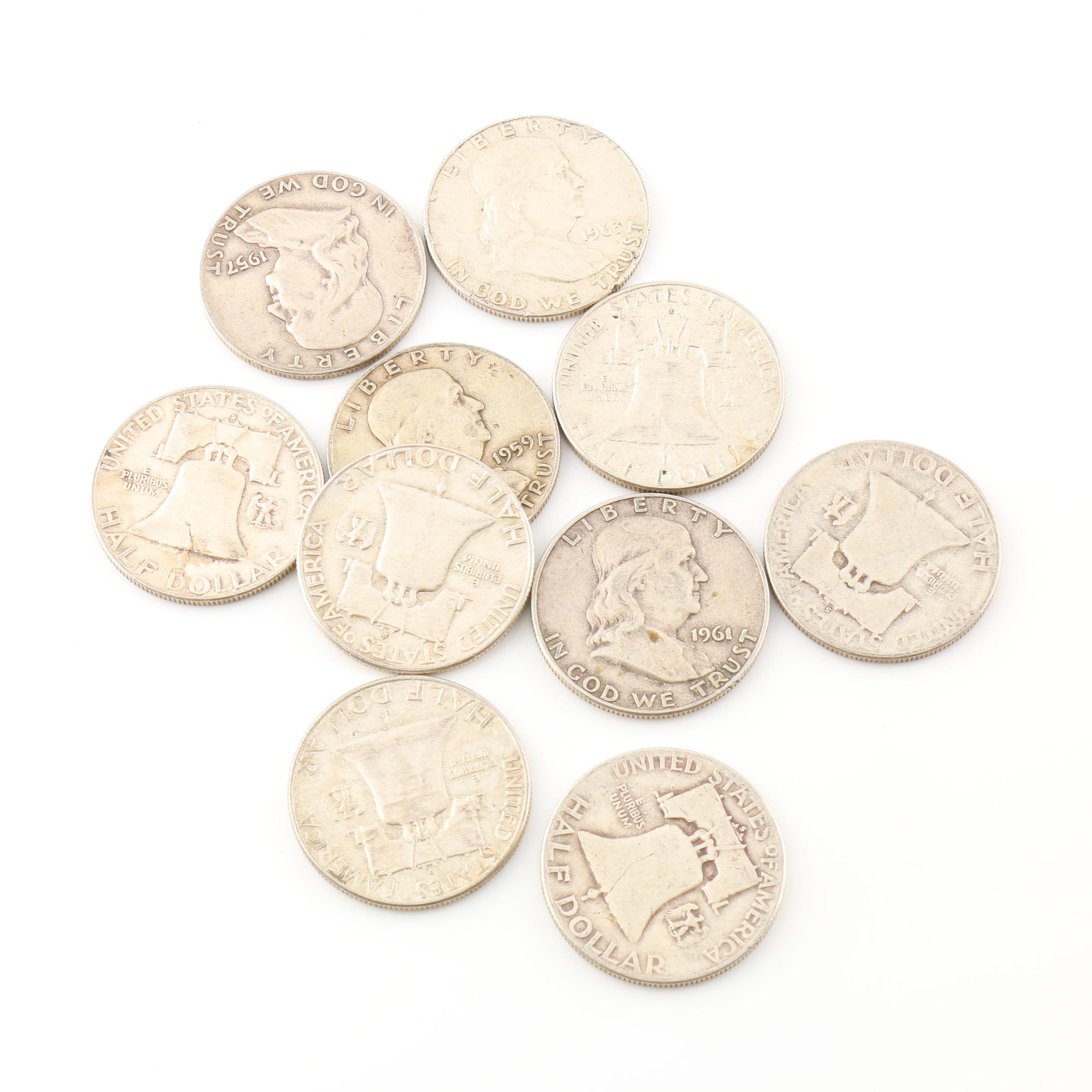 Ten Franklin Silver Half Dollars