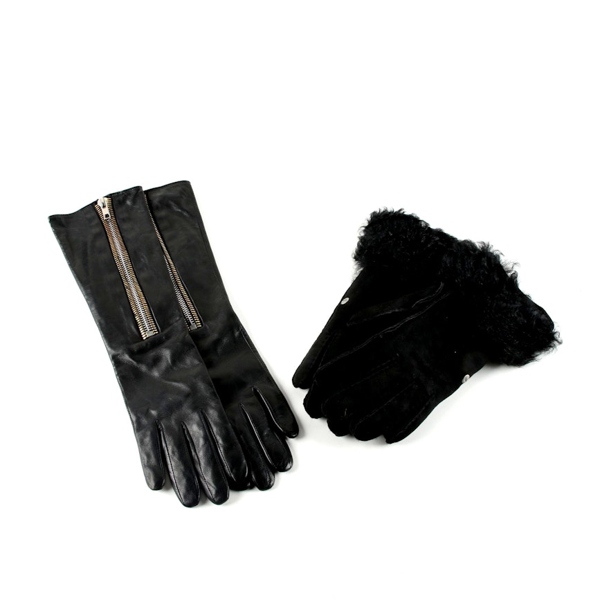 Women's UGG Australia Black Suede and Shearling Fur and Per Se Leather Gloves