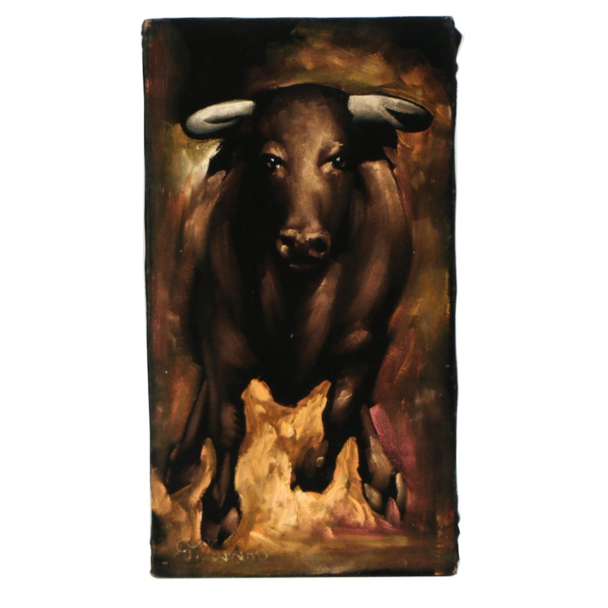 Mid-Century Oil Painting on Velvet of Bull