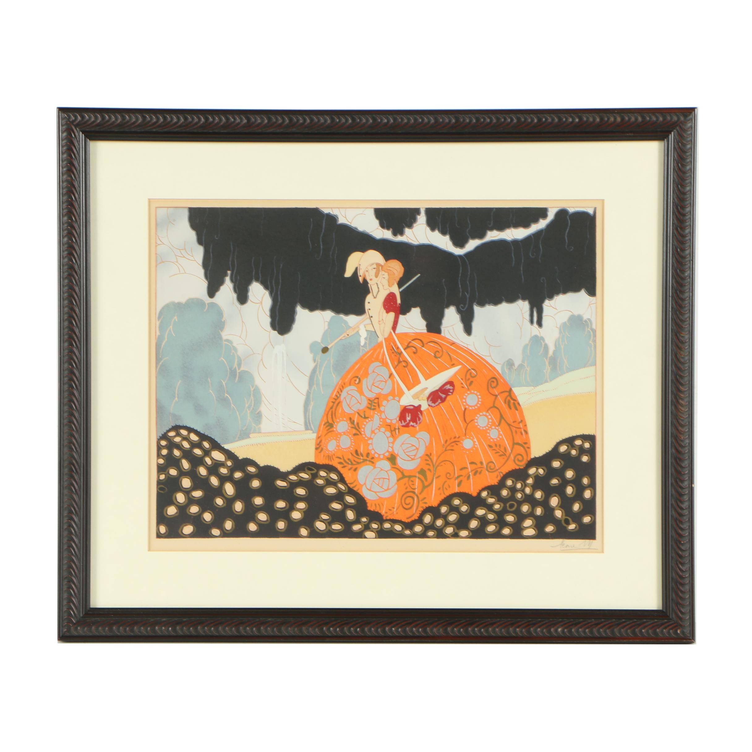 Leone M. French Early 20th-Century Art Deco Pochoir Print of Walking Couple