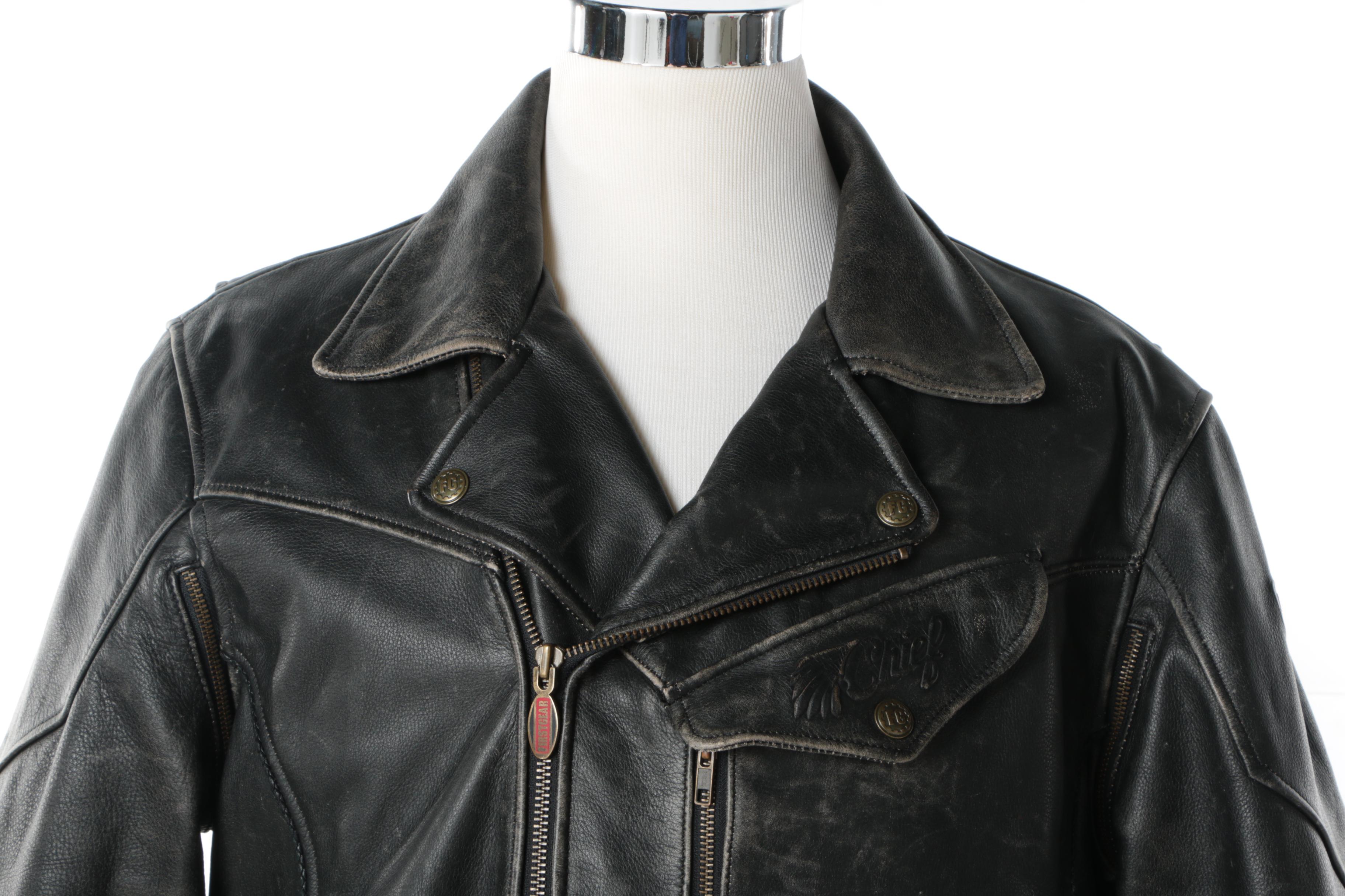 Men's First Gear Distressed Leather Chief Motorcycle Jacket and Olympia Gloves