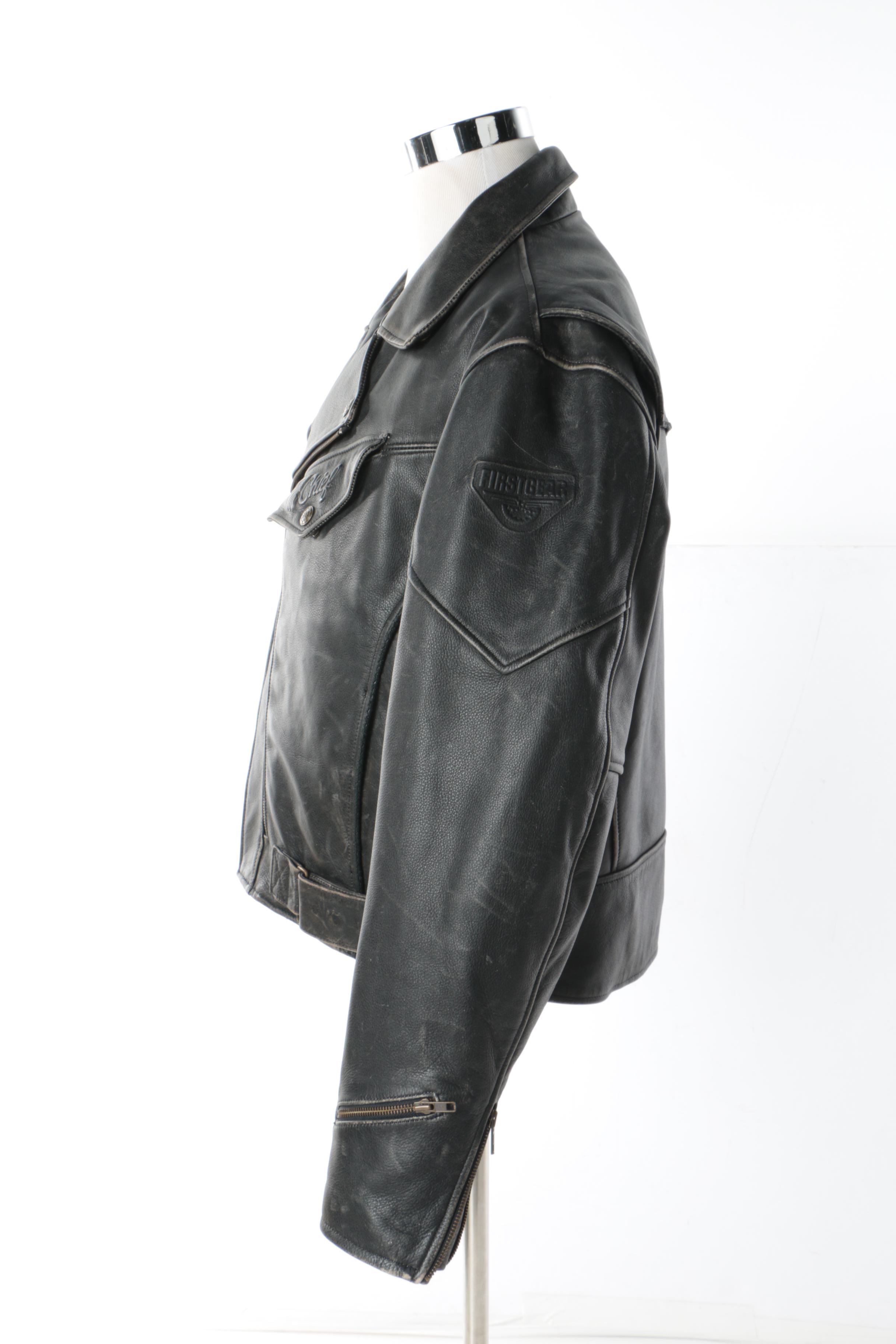 Men's First Gear Distressed Leather Chief Motorcycle Jacket and Olympia Gloves