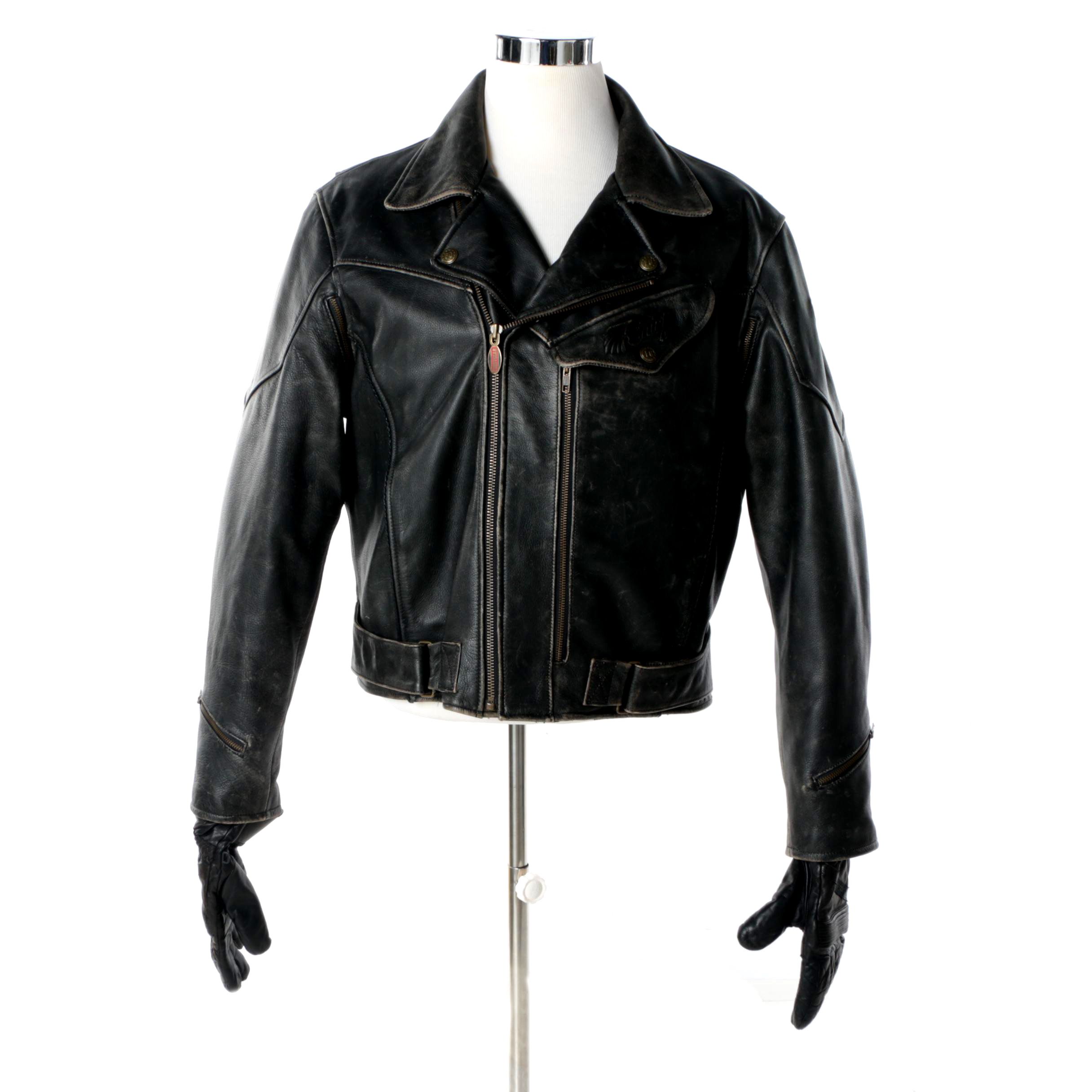 Men's First Gear Distressed Leather Chief Motorcycle Jacket and Olympia Gloves