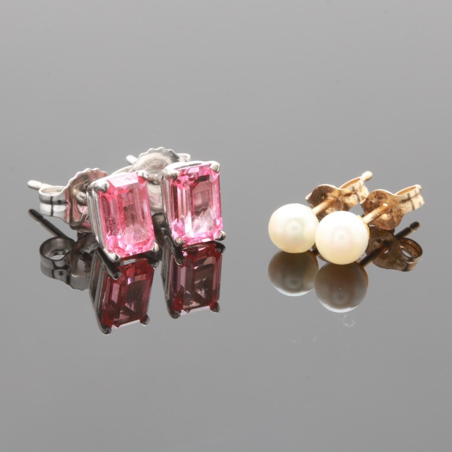 14K Gold Cultured Pearl and Pink Sapphire Stud Earring Selection