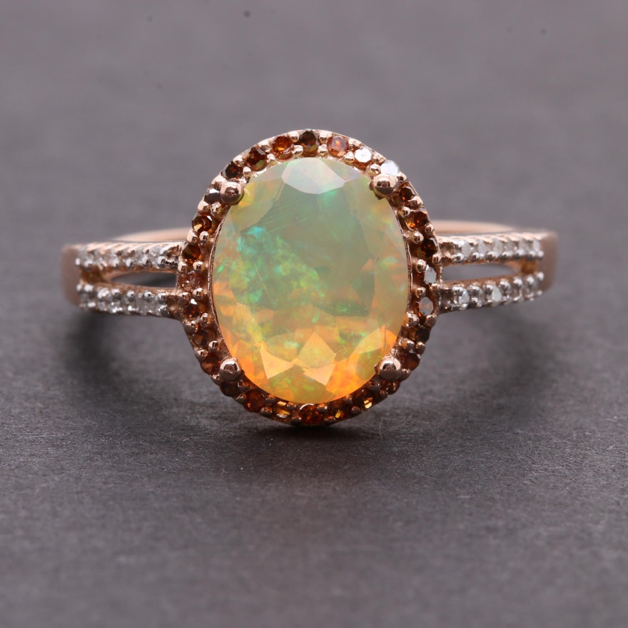10K Rose Gold Opal and Diamond Ring