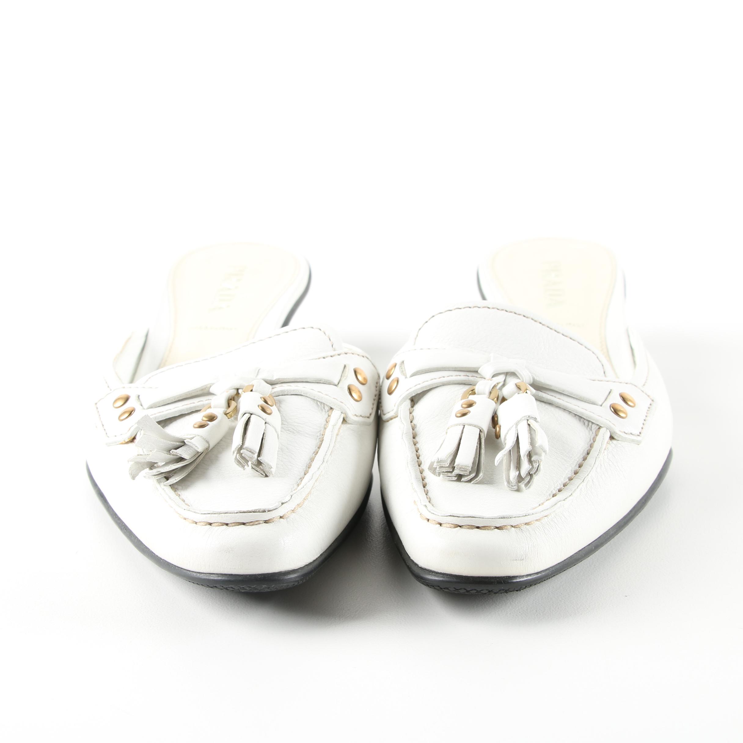 Prada White Leather Mules, Made in Italy
