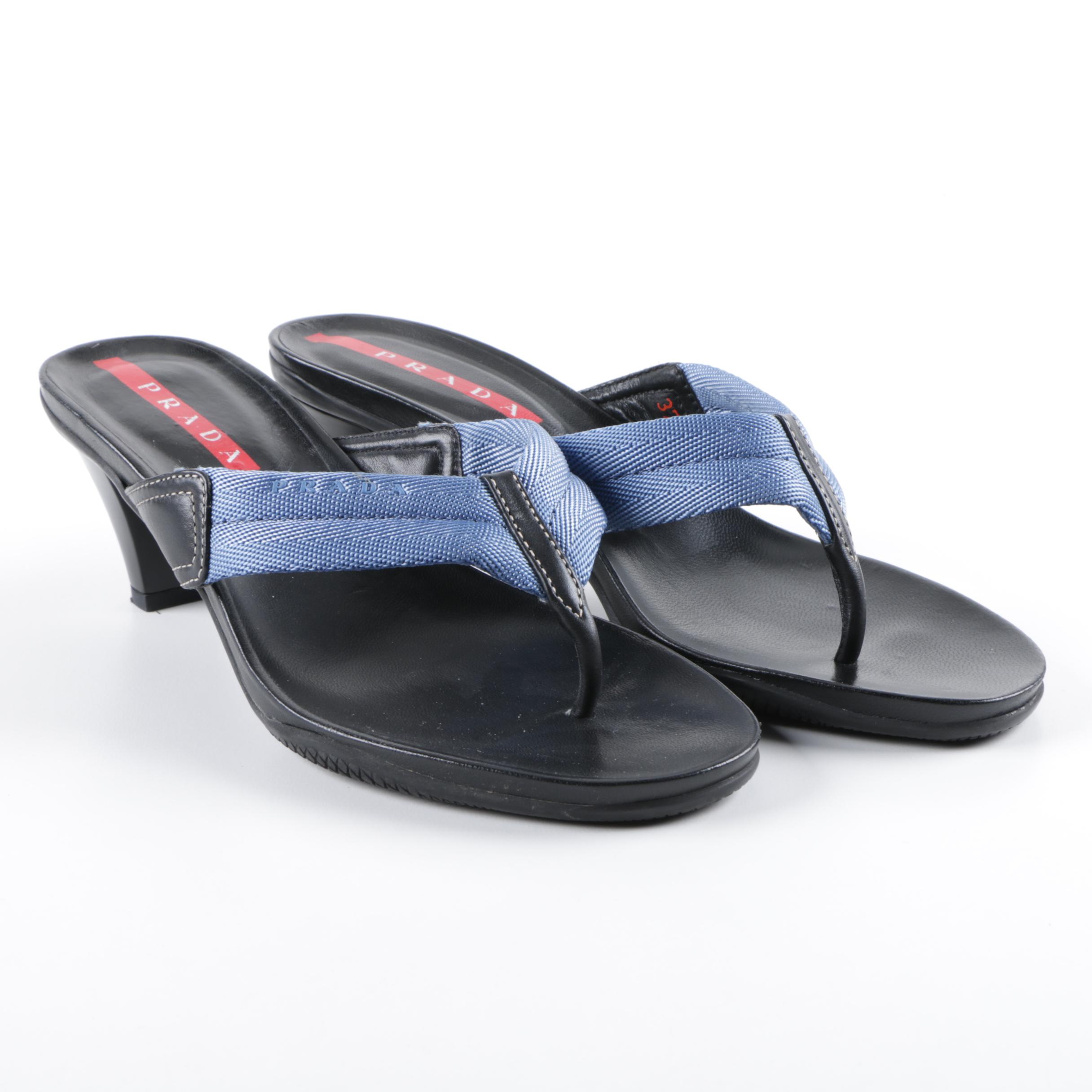 Prada High-Heeled Blue Nylon and Black Leather Thong Sandals, Made in Italy