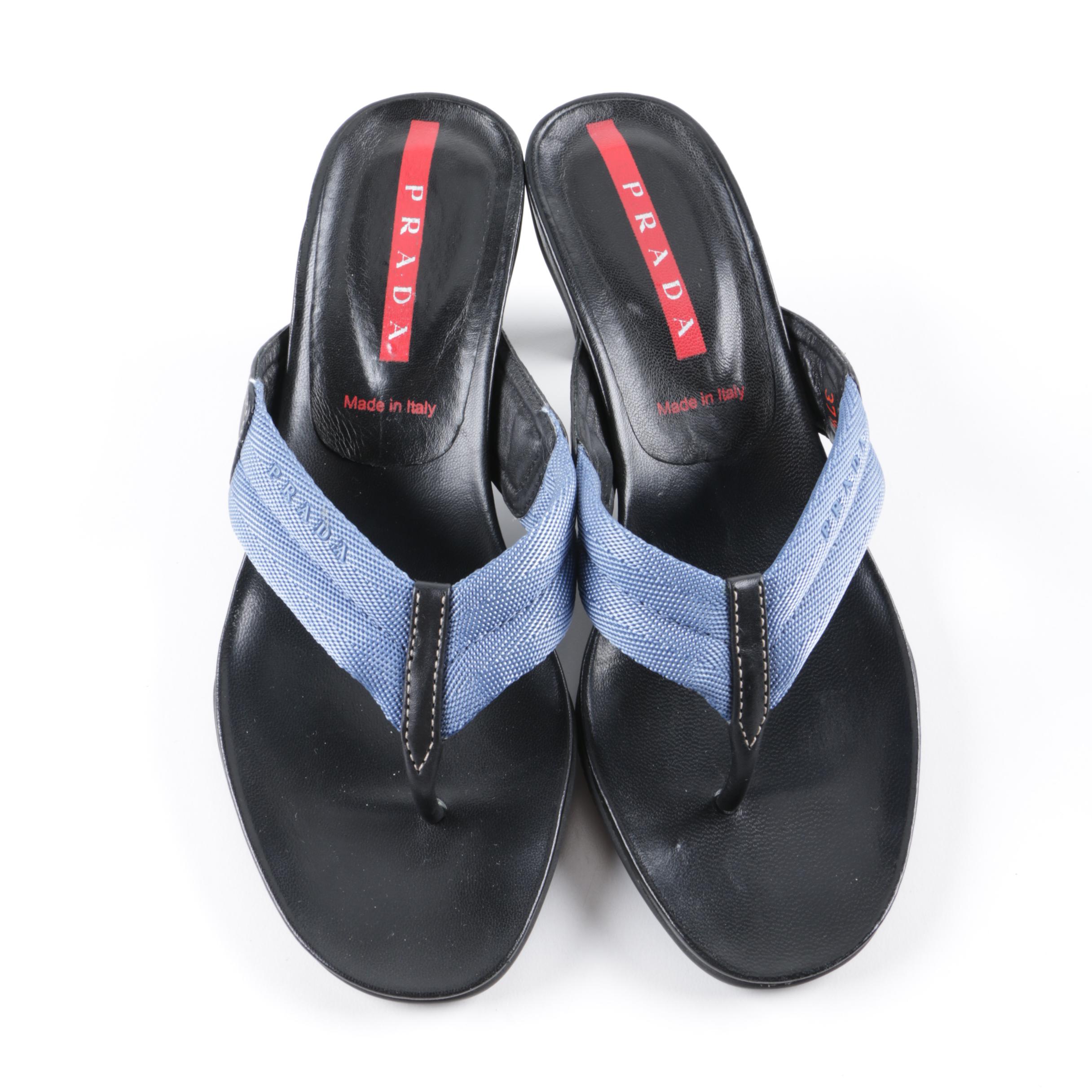 Prada High-Heeled Blue Nylon and Black Leather Thong Sandals, Made in Italy