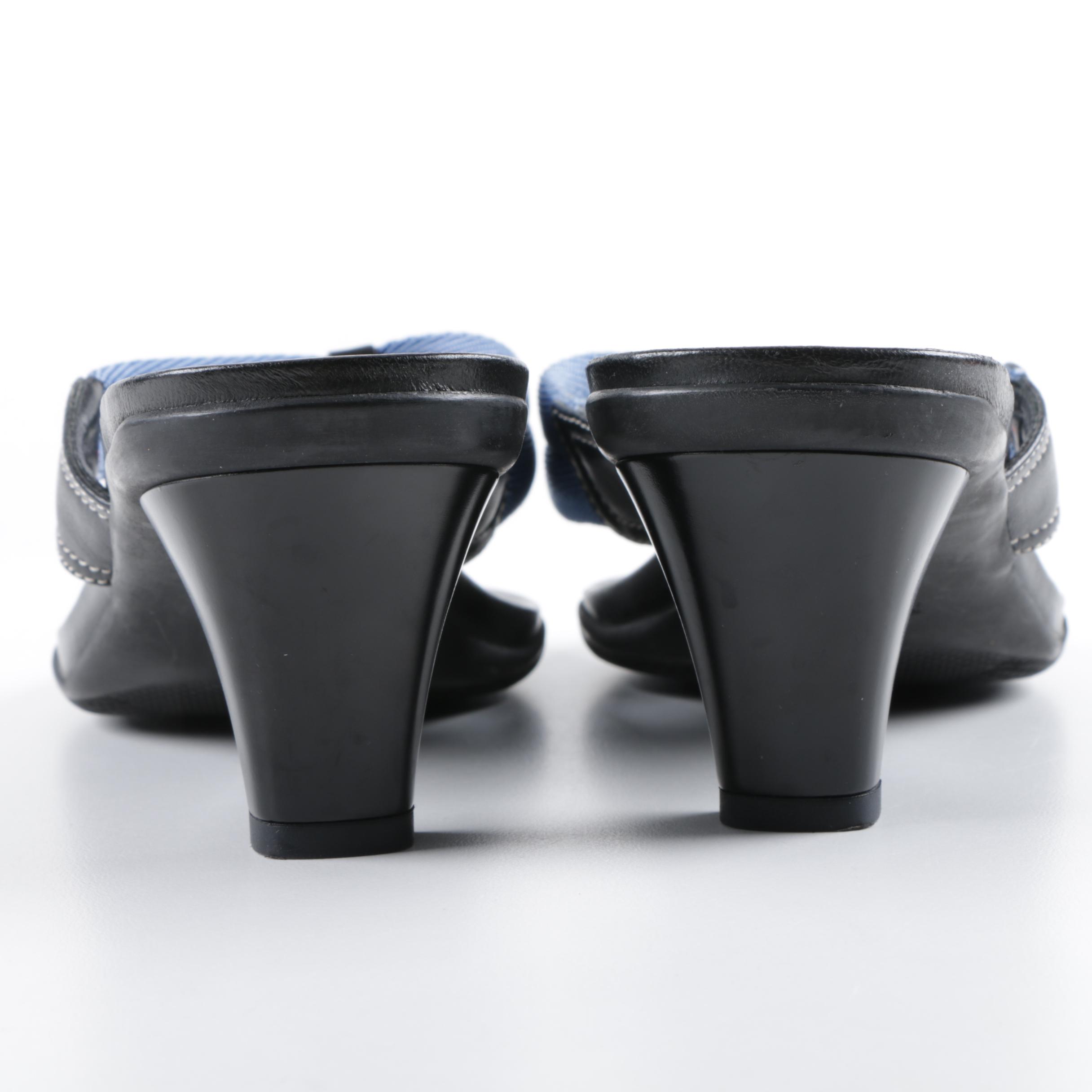 Prada High-Heeled Blue Nylon and Black Leather Thong Sandals, Made in Italy