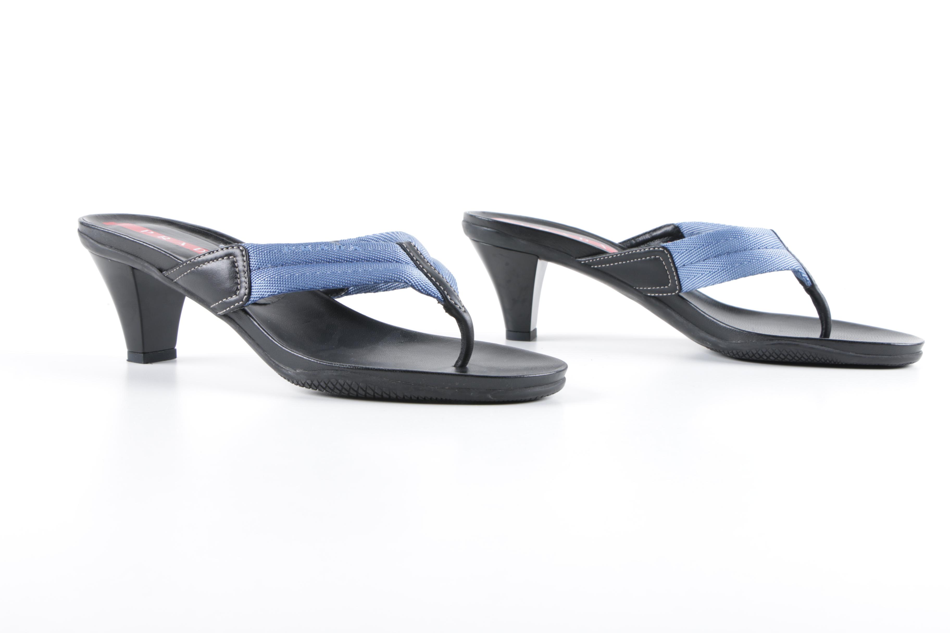 Prada High-Heeled Blue Nylon and Black Leather Thong Sandals, Made in Italy