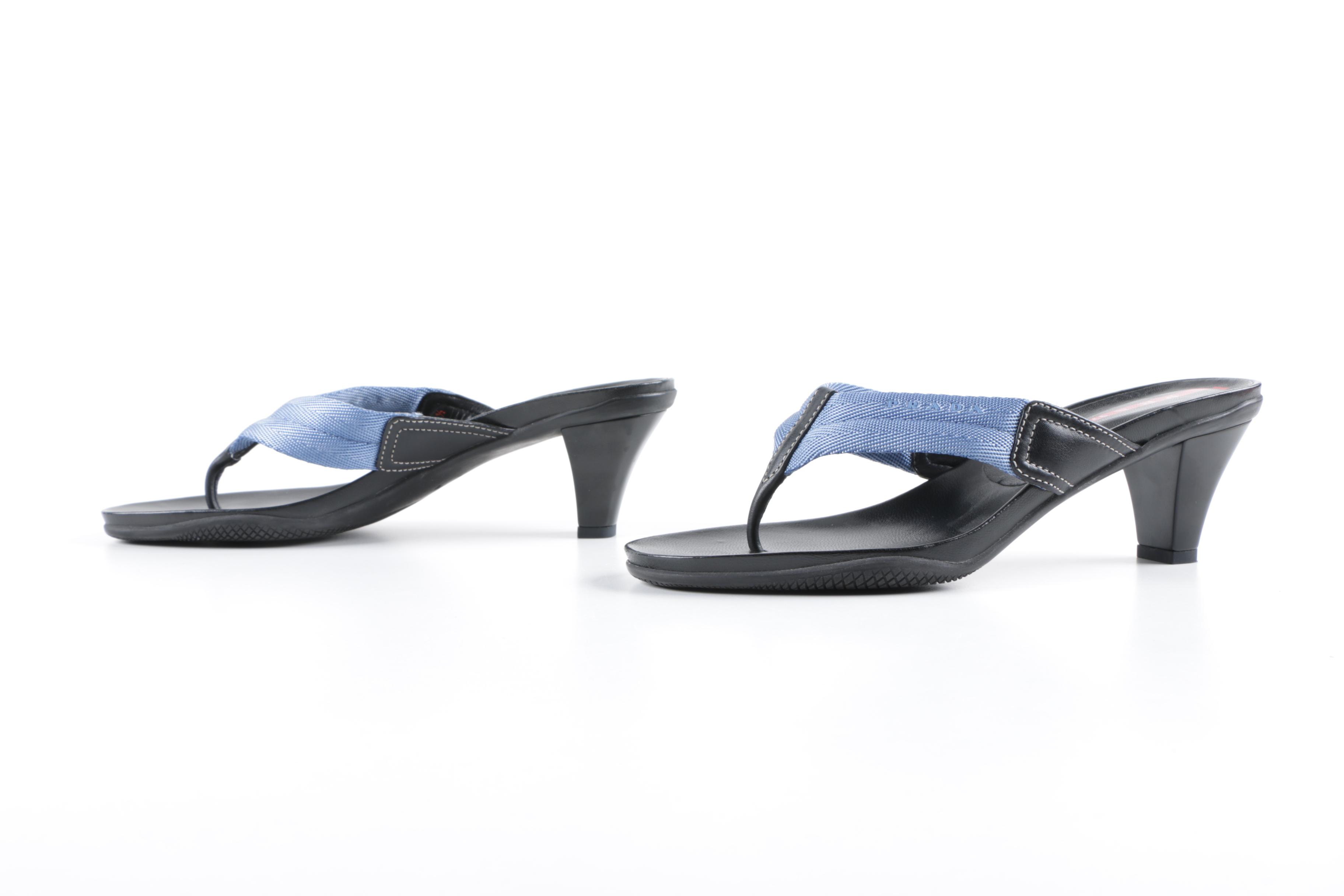 Prada High-Heeled Blue Nylon and Black Leather Thong Sandals, Made in Italy